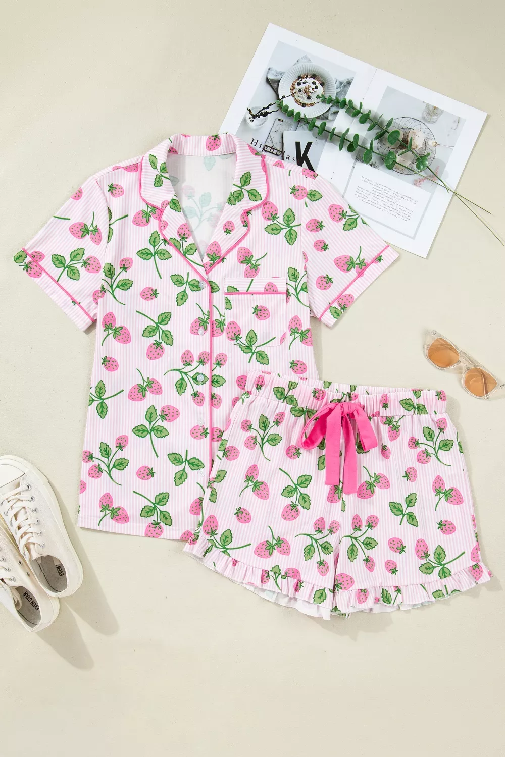 Striped Strawberry Print Lapel Shirt Drawstring Shorts 2pcs Pajama Set - Image 3