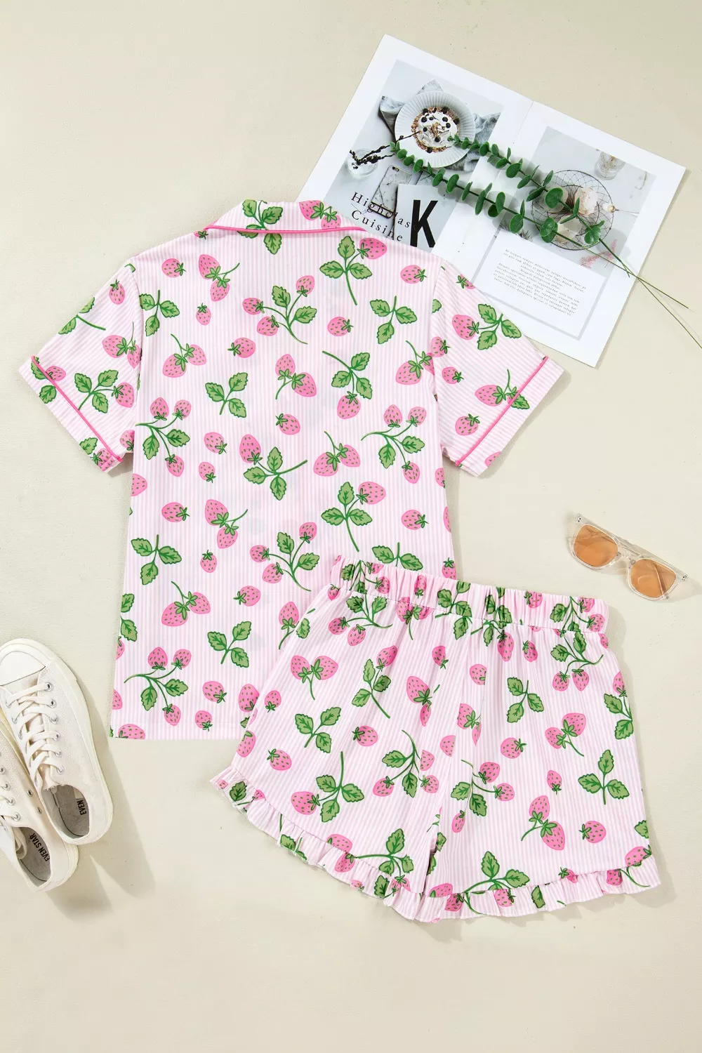 Striped Strawberry Print Lapel Shirt Drawstring Shorts 2pcs Pajama Set - Image 4