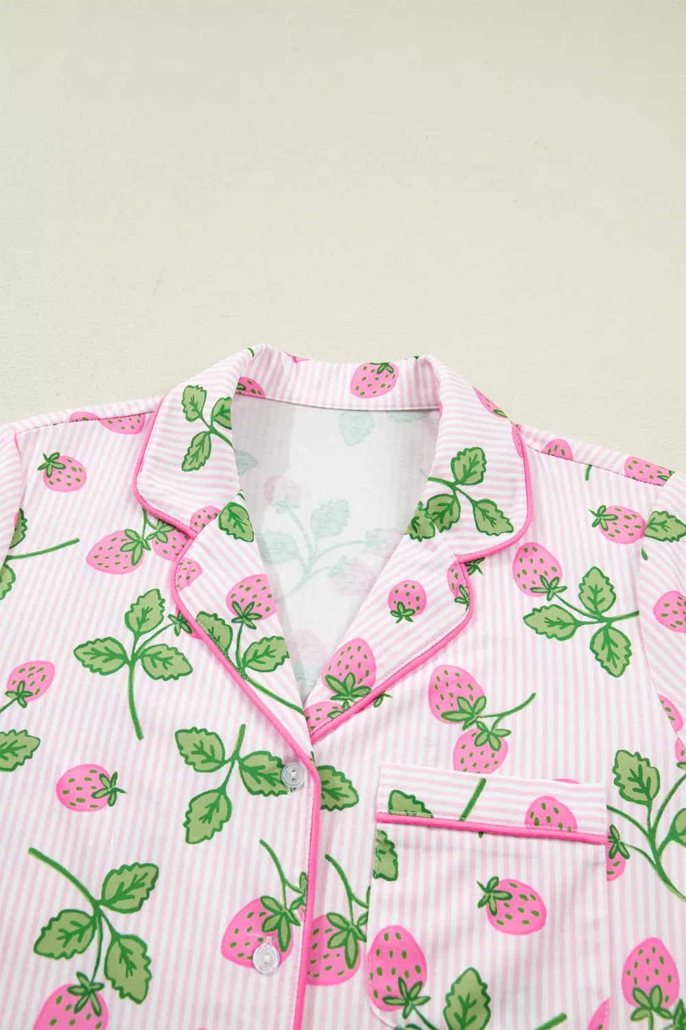 Striped Strawberry Print Lapel Shirt Drawstring Shorts 2pcs Pajama Set - Image 5