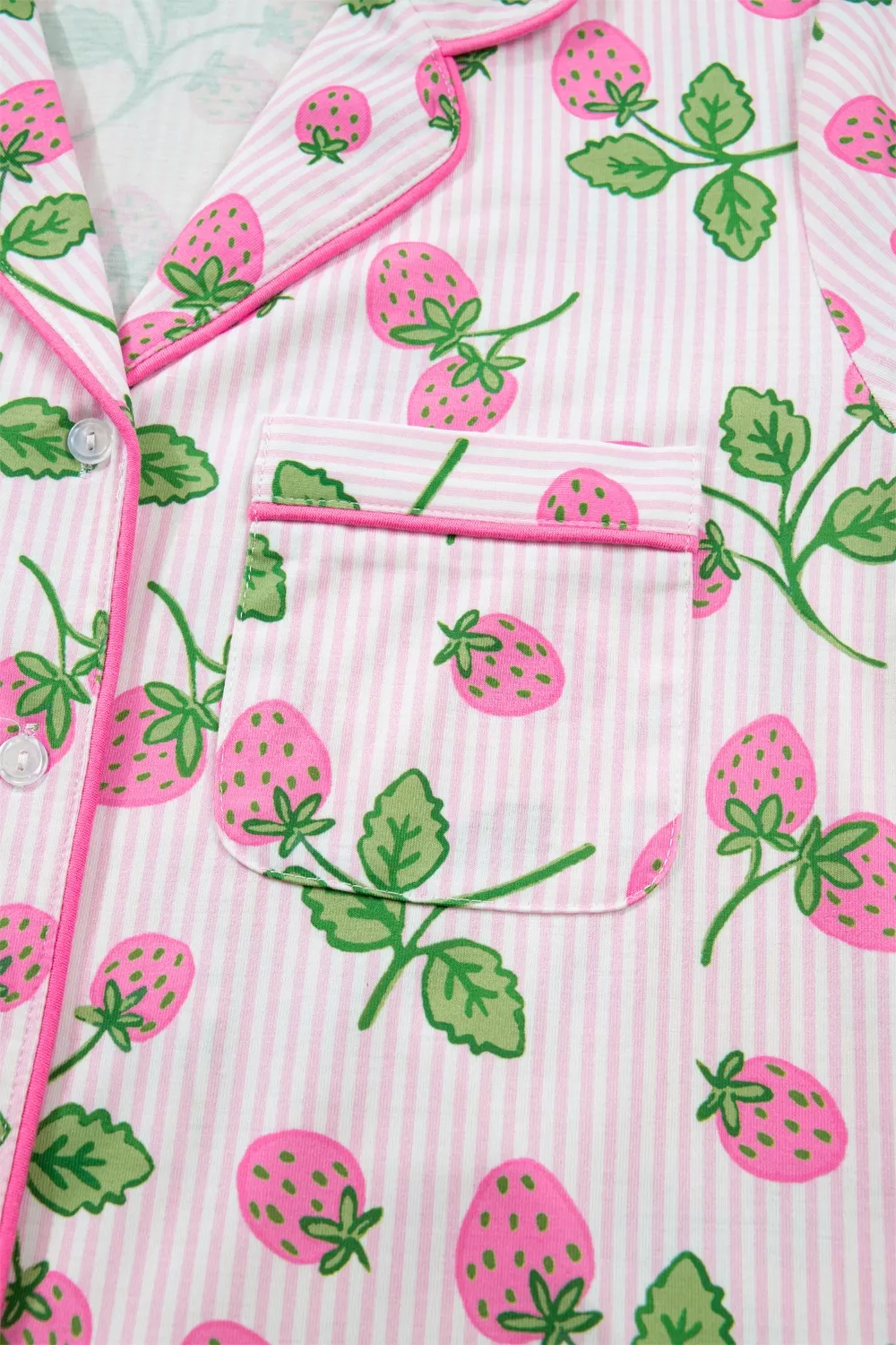 Striped Strawberry Print Lapel Shirt Drawstring Shorts 2pcs Pajama Set - Image 6