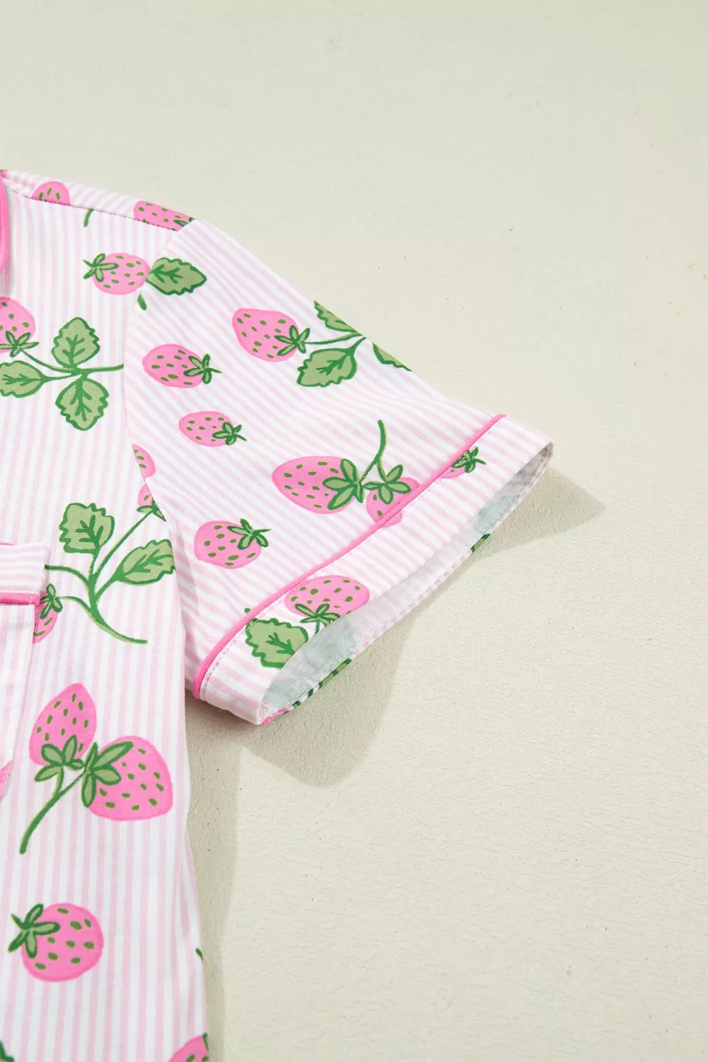 Striped Strawberry Print Lapel Shirt Drawstring Shorts 2pcs Pajama Set - Image 7