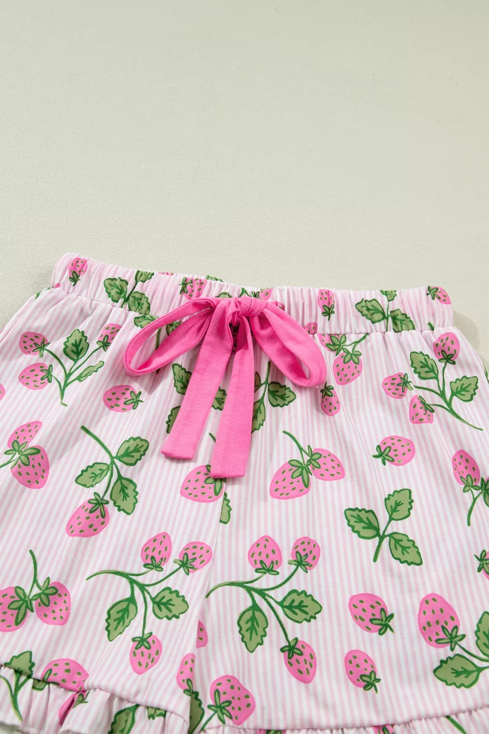 Striped Strawberry Print Lapel Shirt Drawstring Shorts 2pcs Pajama Set - Image 8