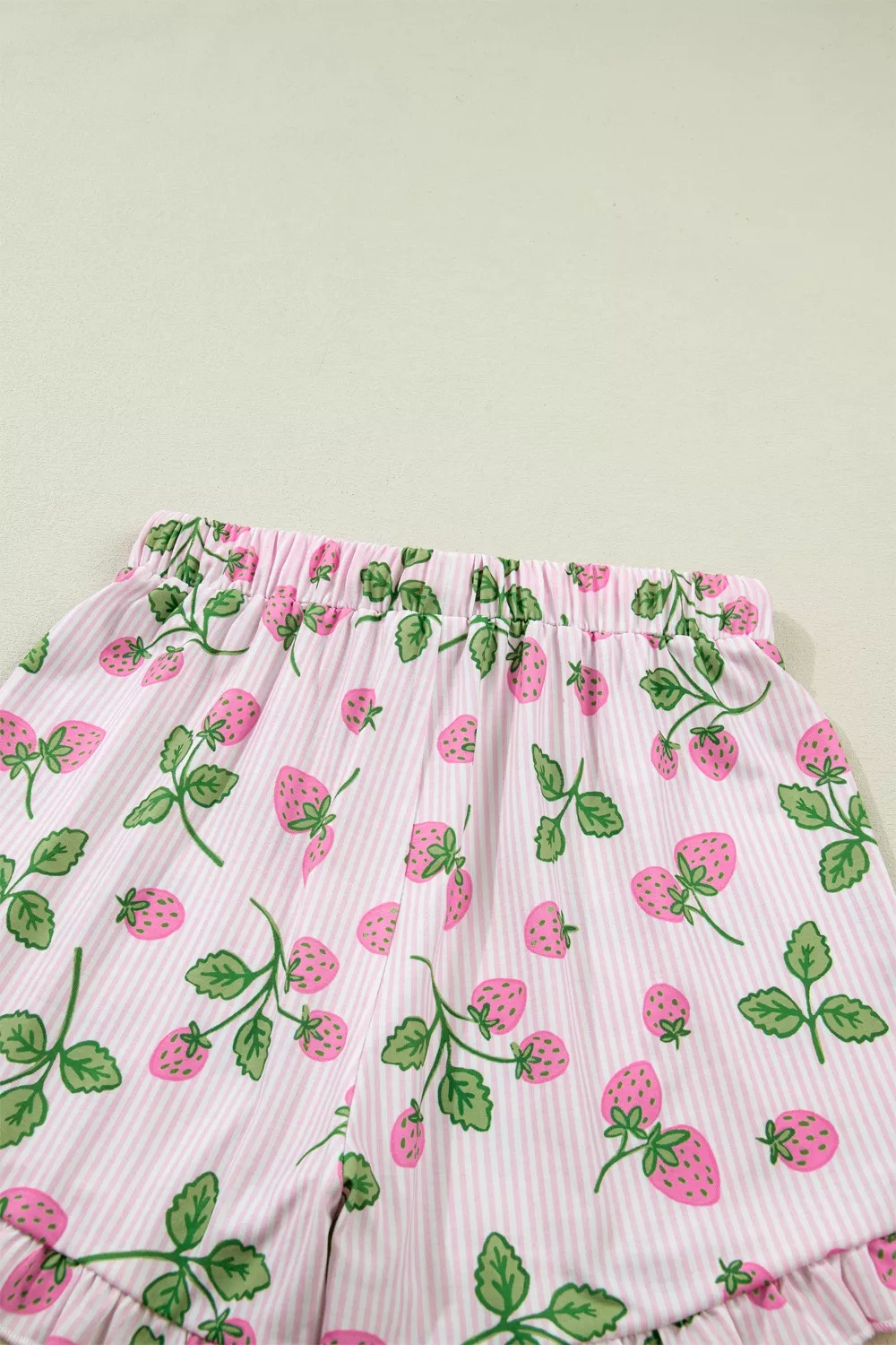 Striped Strawberry Print Lapel Shirt Drawstring Shorts 2pcs Pajama Set - Image 9