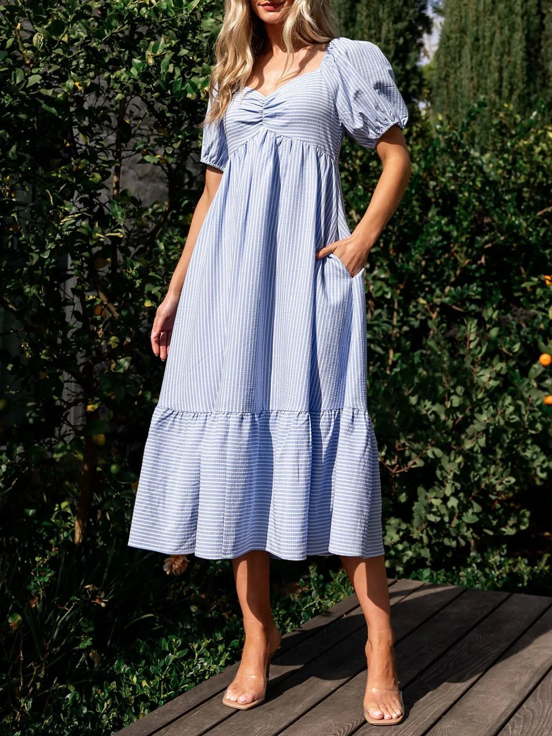 Striped Sweetheart Neck Puff Sleeve Midi Dress - Image 2