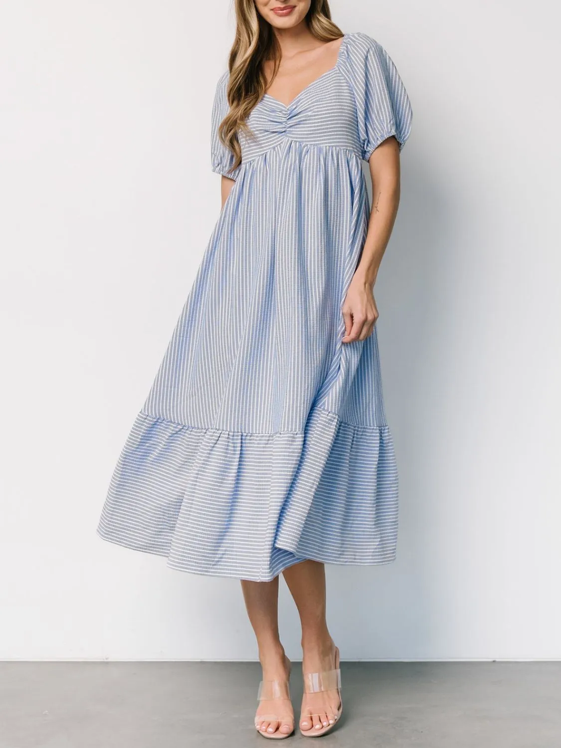 Striped Sweetheart Neck Puff Sleeve Midi Dress - Image 3