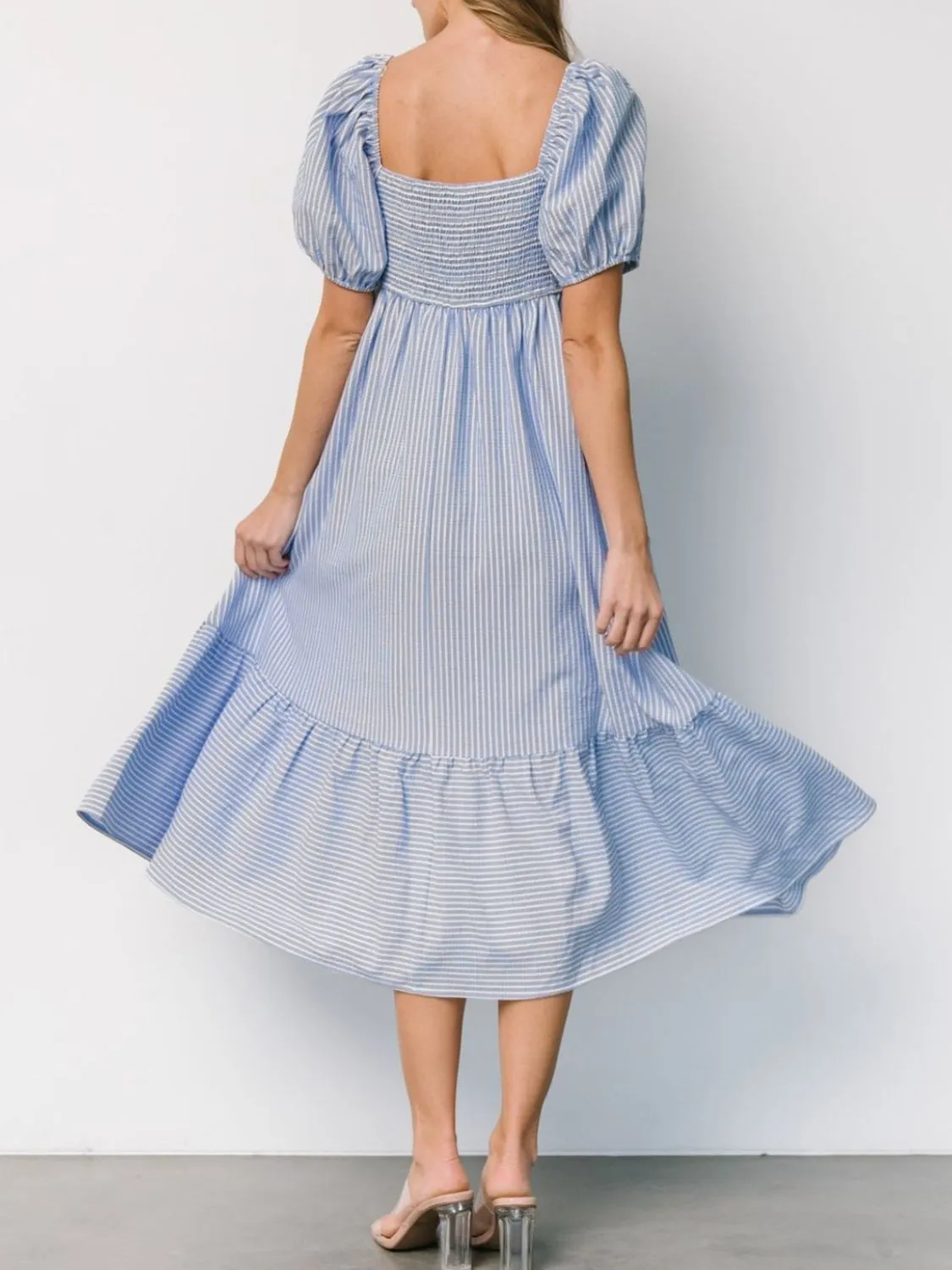 Striped Sweetheart Neck Puff Sleeve Midi Dress - Image 5