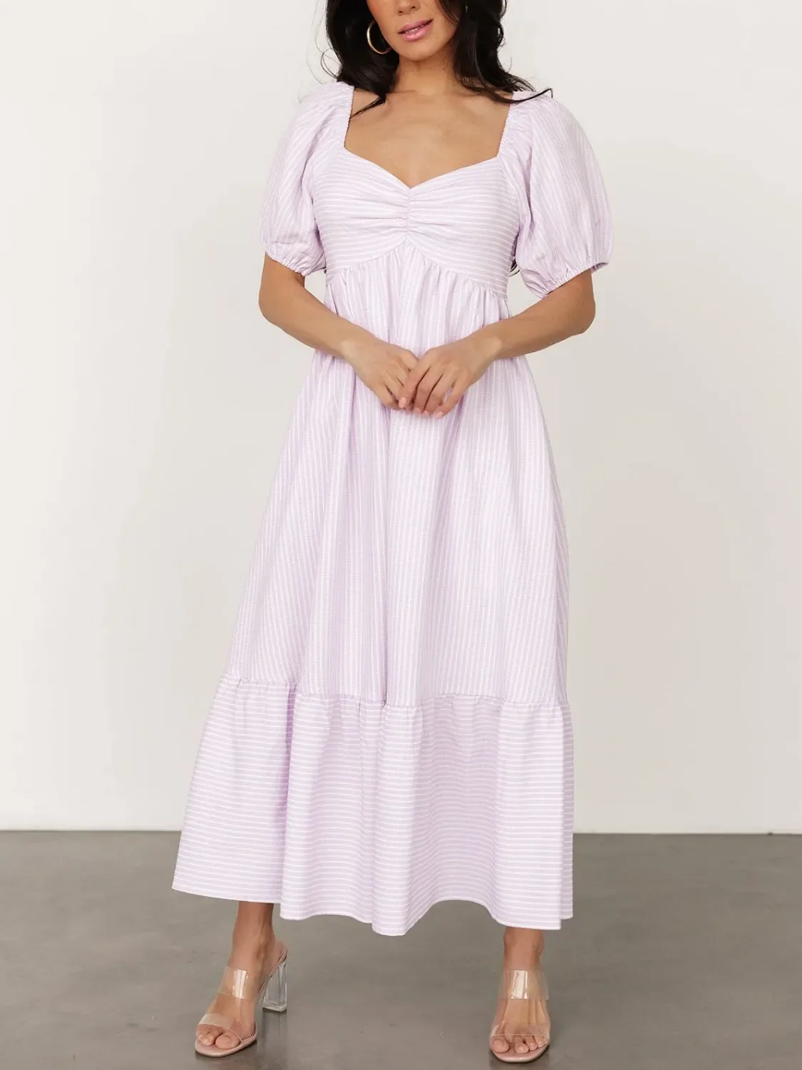 Striped Sweetheart Neck Puff Sleeve Midi Dress - Image 6