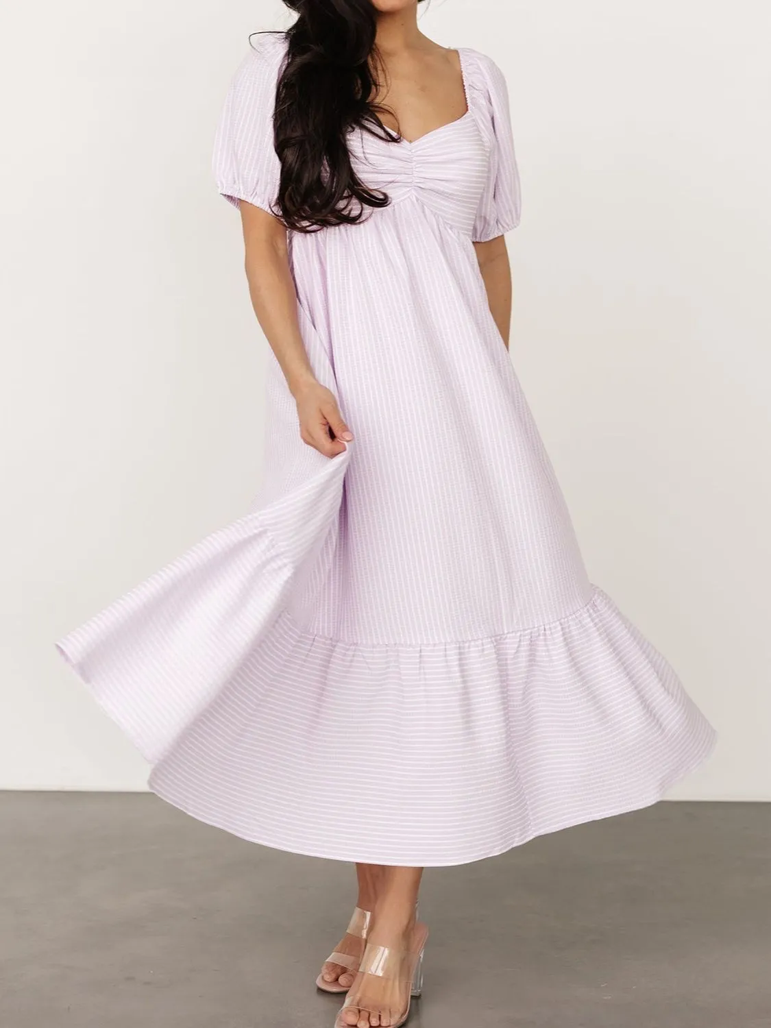 Striped Sweetheart Neck Puff Sleeve Midi Dress - Image 7