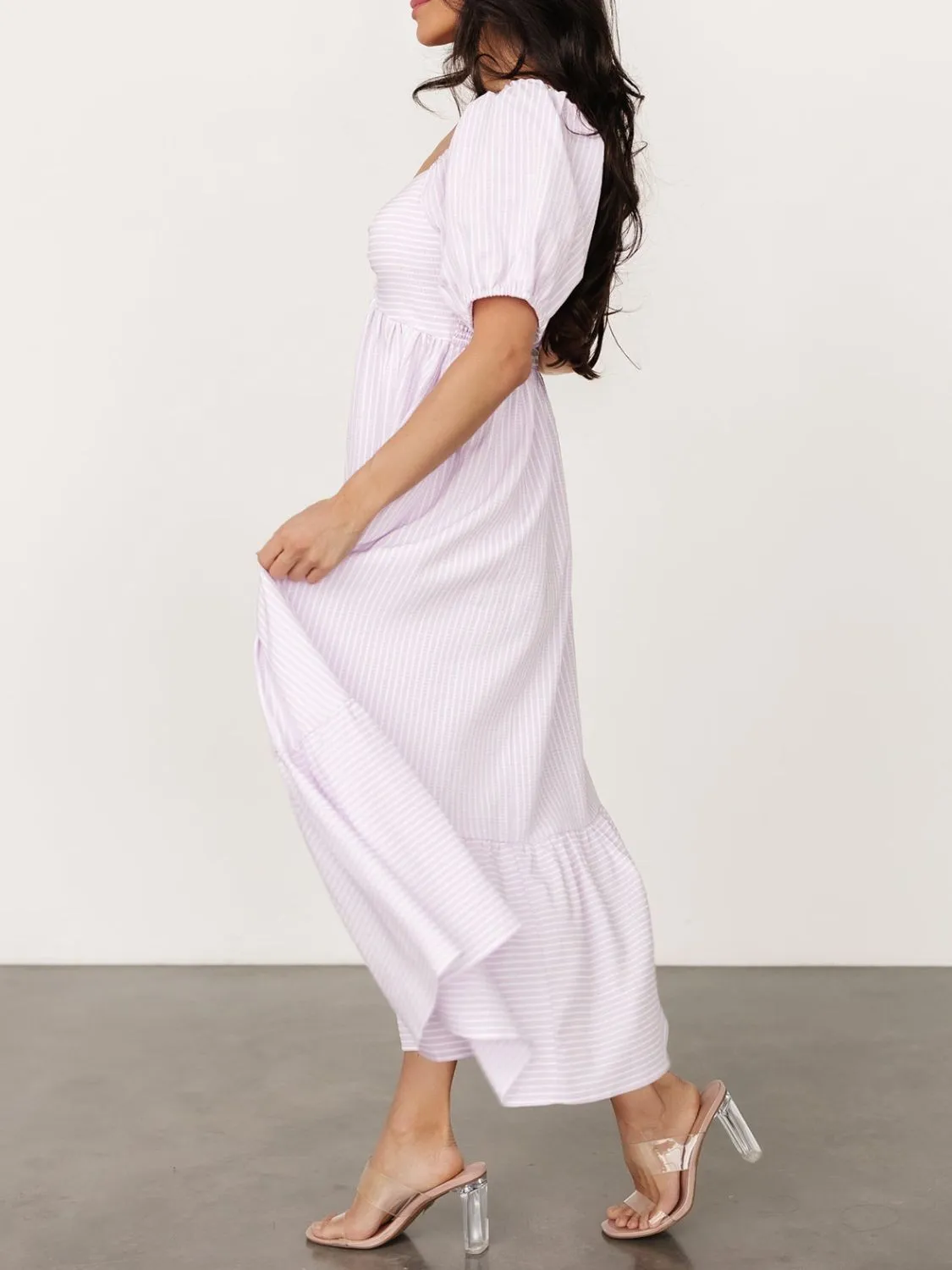 Striped Sweetheart Neck Puff Sleeve Midi Dress - Image 8