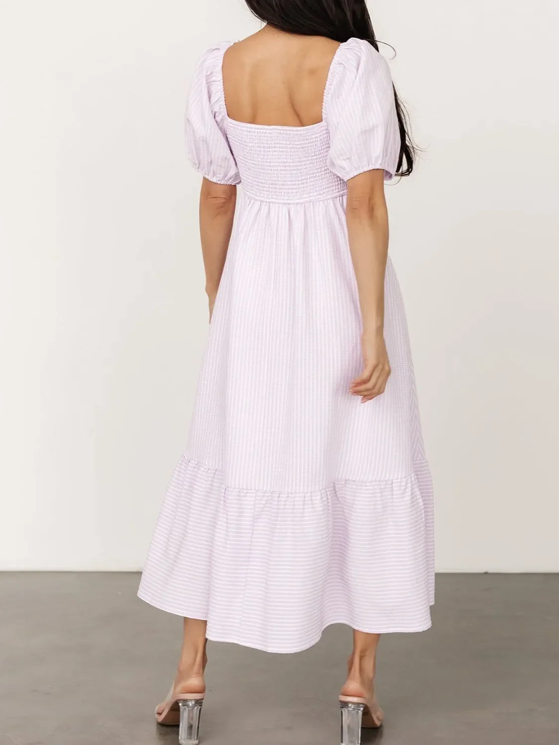 Striped Sweetheart Neck Puff Sleeve Midi Dress - Image 9