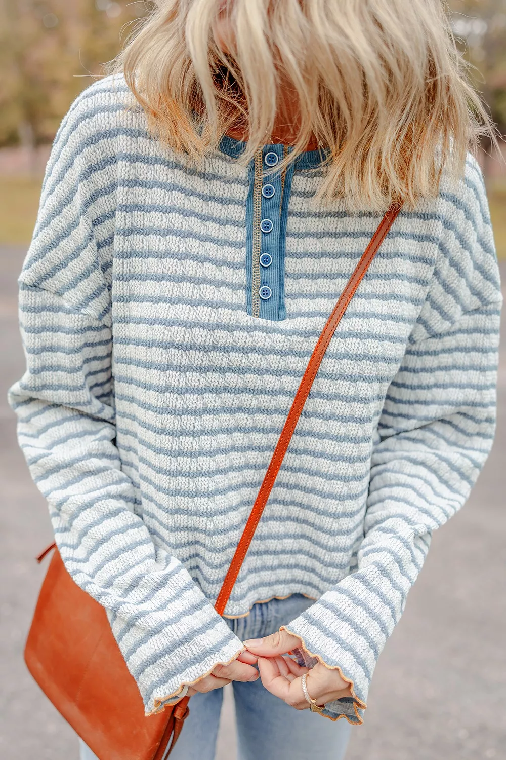 Striped Textured Knit Button Detail Top - Image 5
