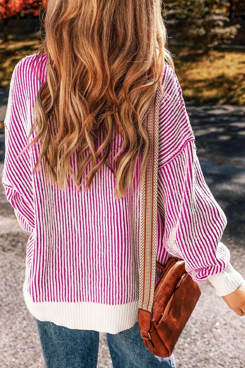 Striped Textured Knit Contrast Edge Loose Sweater - Image 2