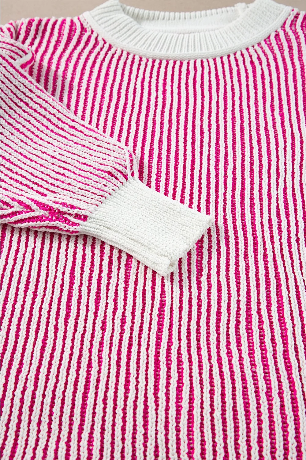 Striped Textured Knit Contrast Edge Loose Sweater - Image 7
