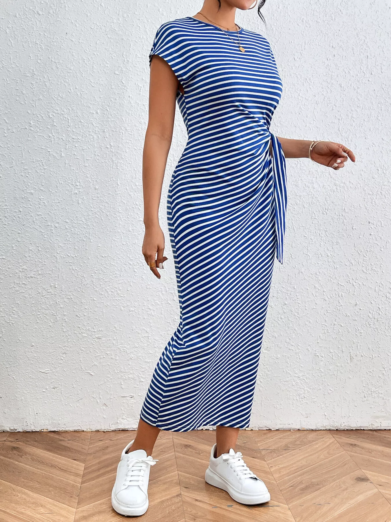 Striped Tie Side Casual Midi Dress - Image 2