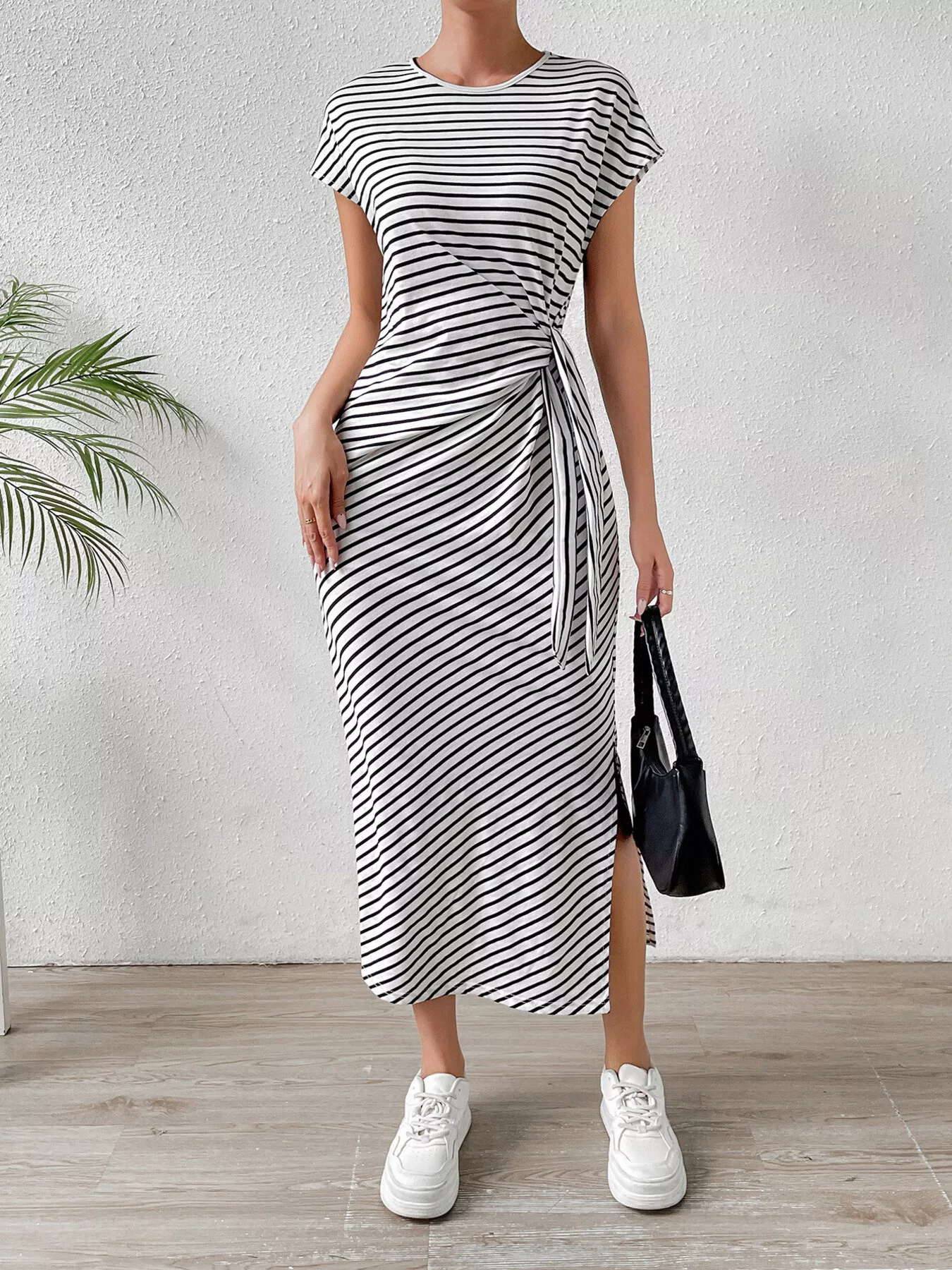 Striped Tie Side Casual Midi Dress - Image 7