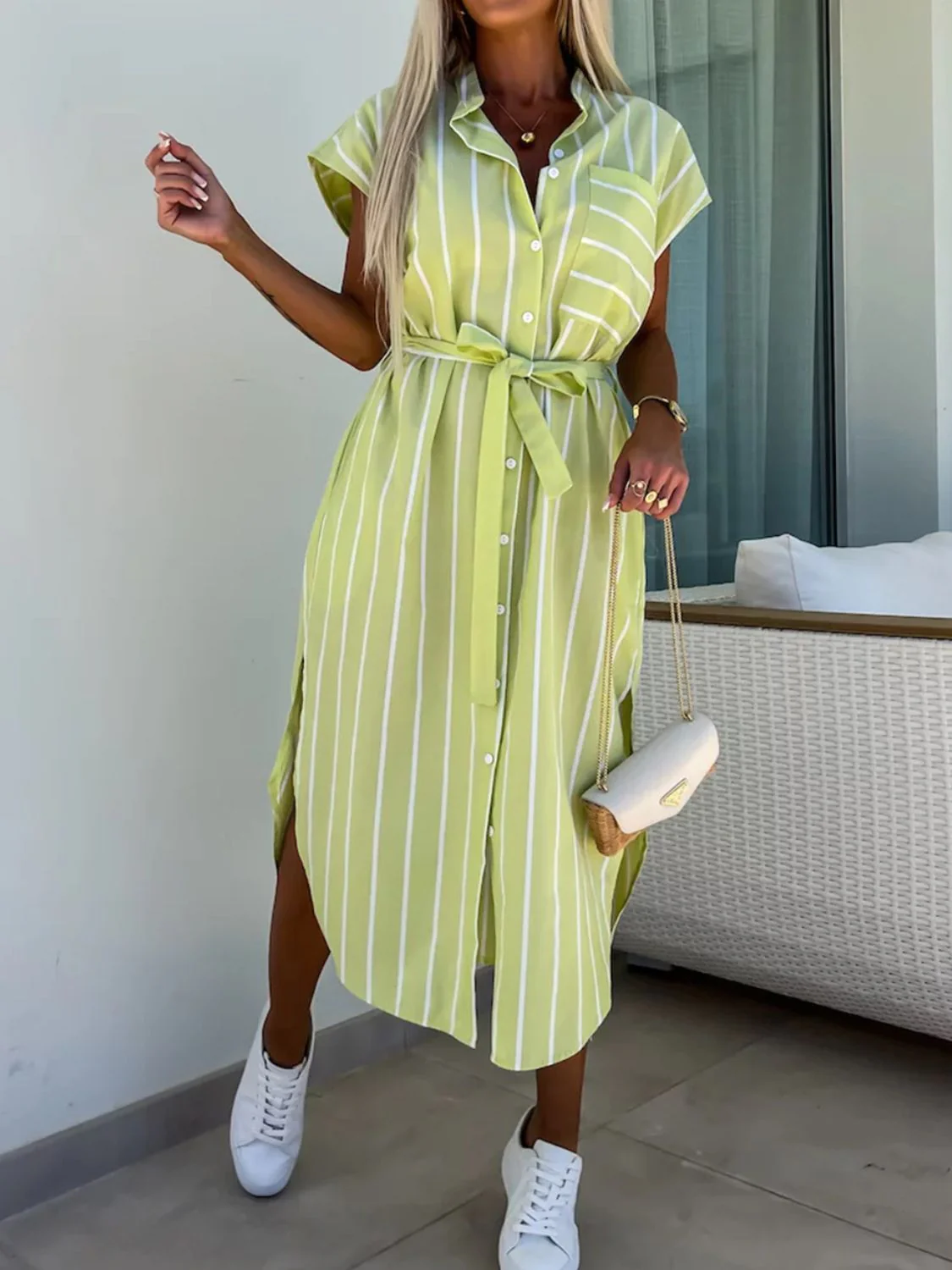 Striped Tie Waist Short Sleeve Dress - Image 11