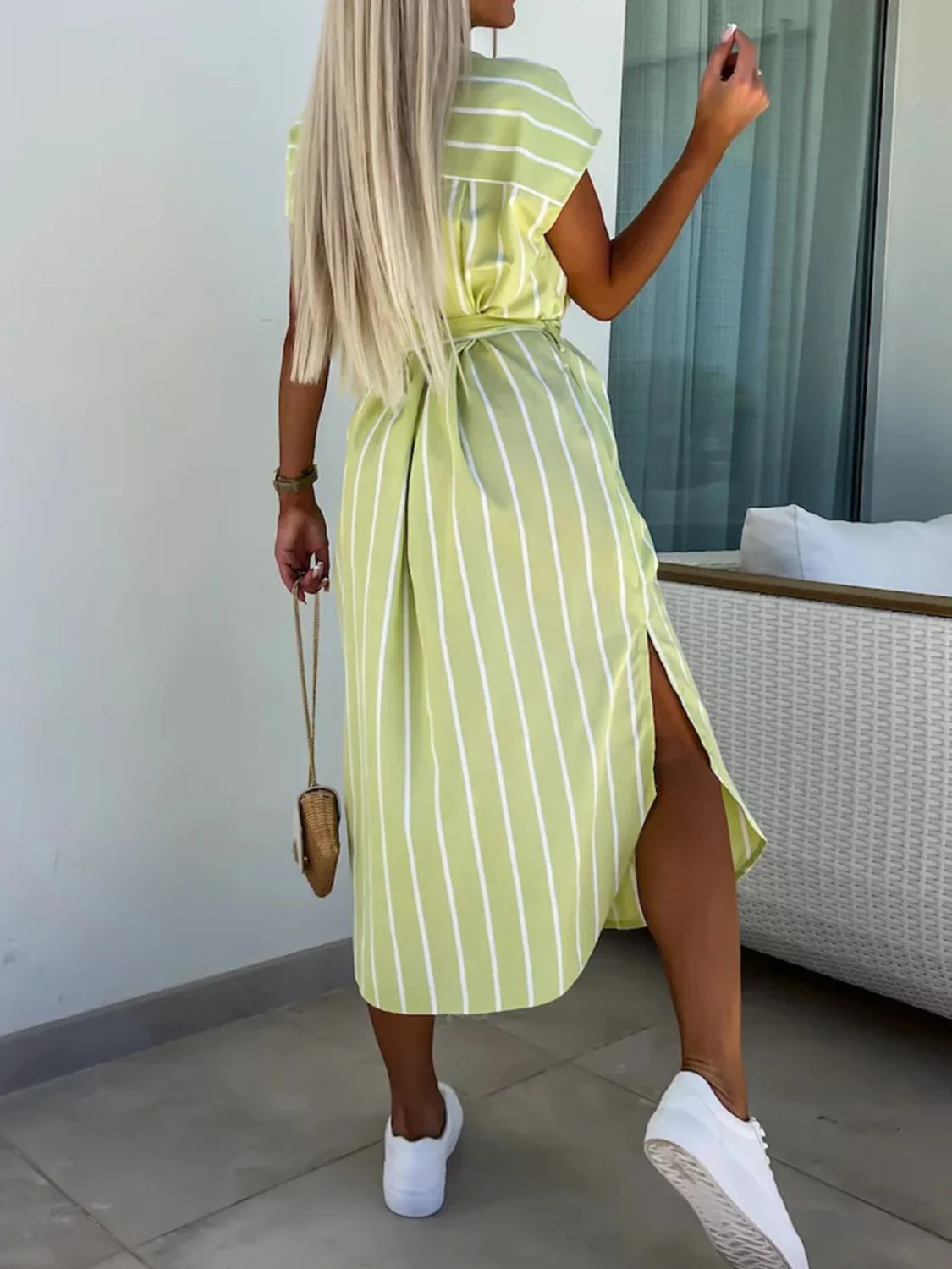 Striped Tie Waist Short Sleeve Dress - Image 13