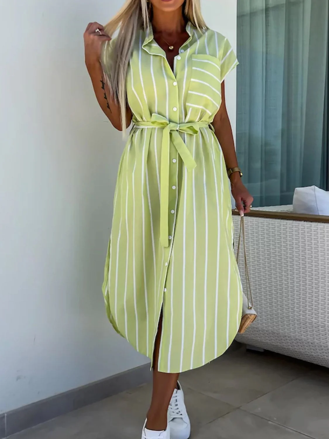 Striped Tie Waist Short Sleeve Dress - Image 14
