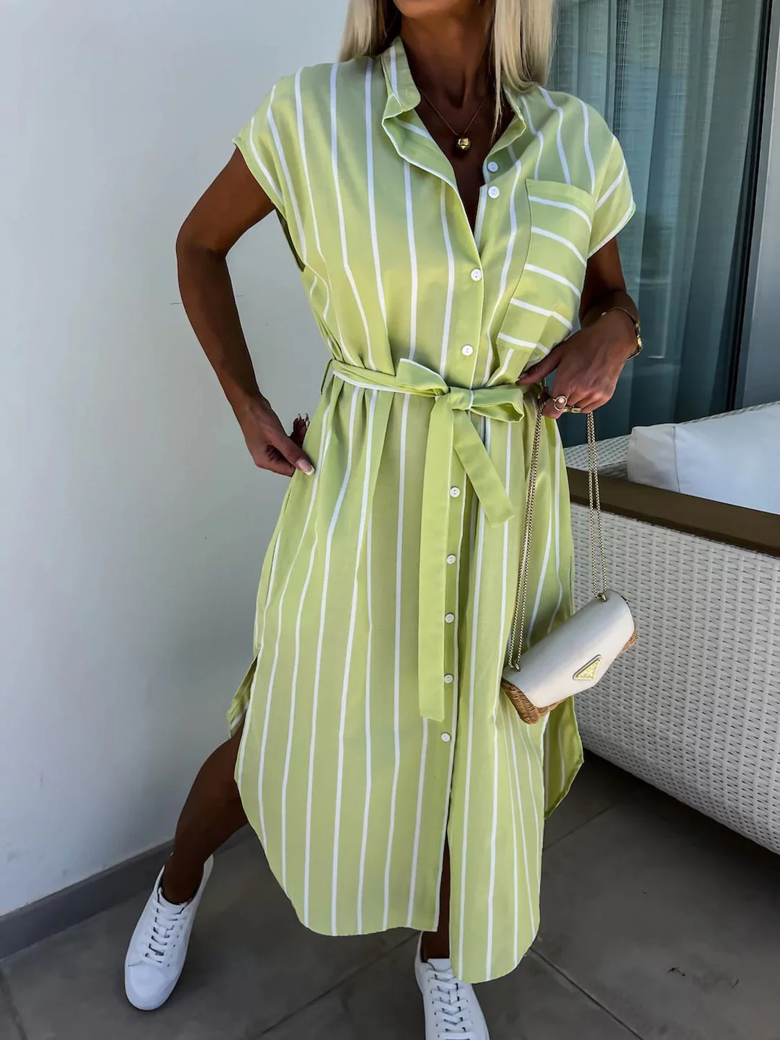 Striped Tie Waist Short Sleeve Dress - Image 15