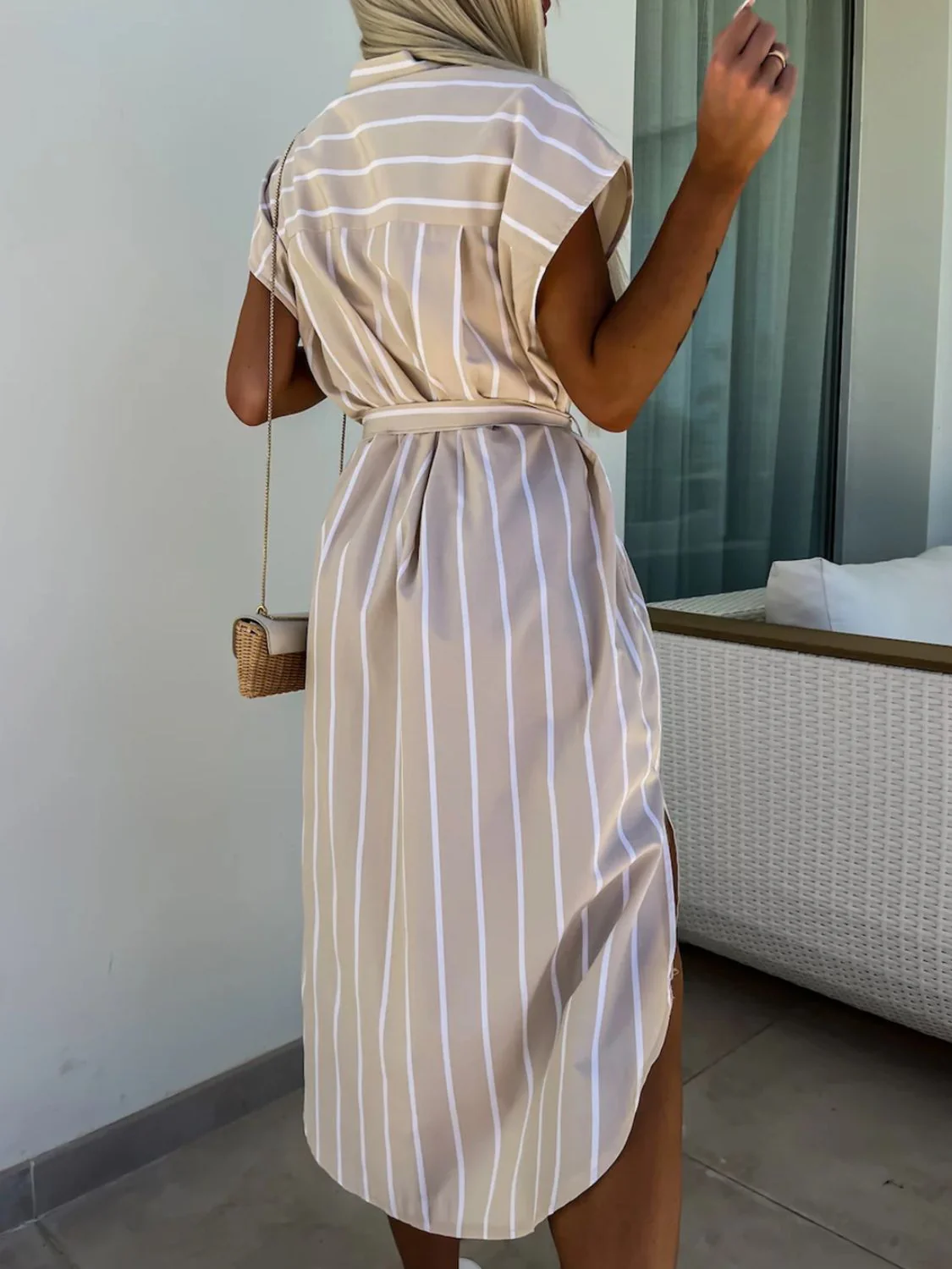Striped Tie Waist Short Sleeve Dress - Image 2