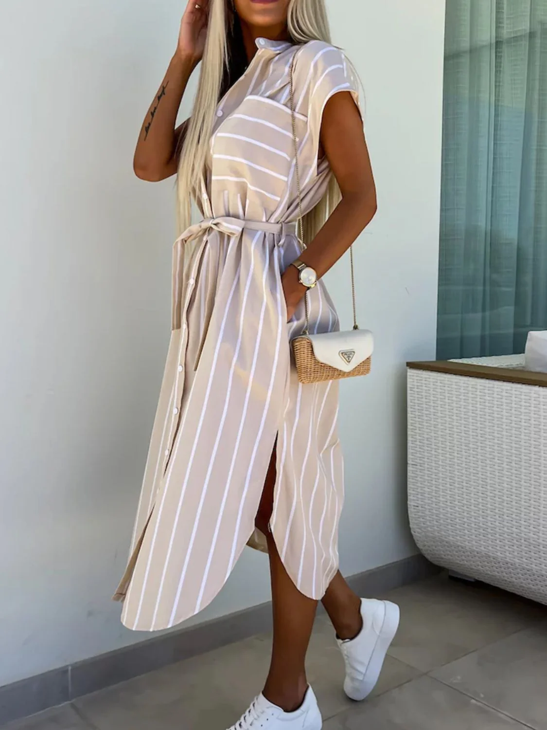 Striped Tie Waist Short Sleeve Dress - Image 3