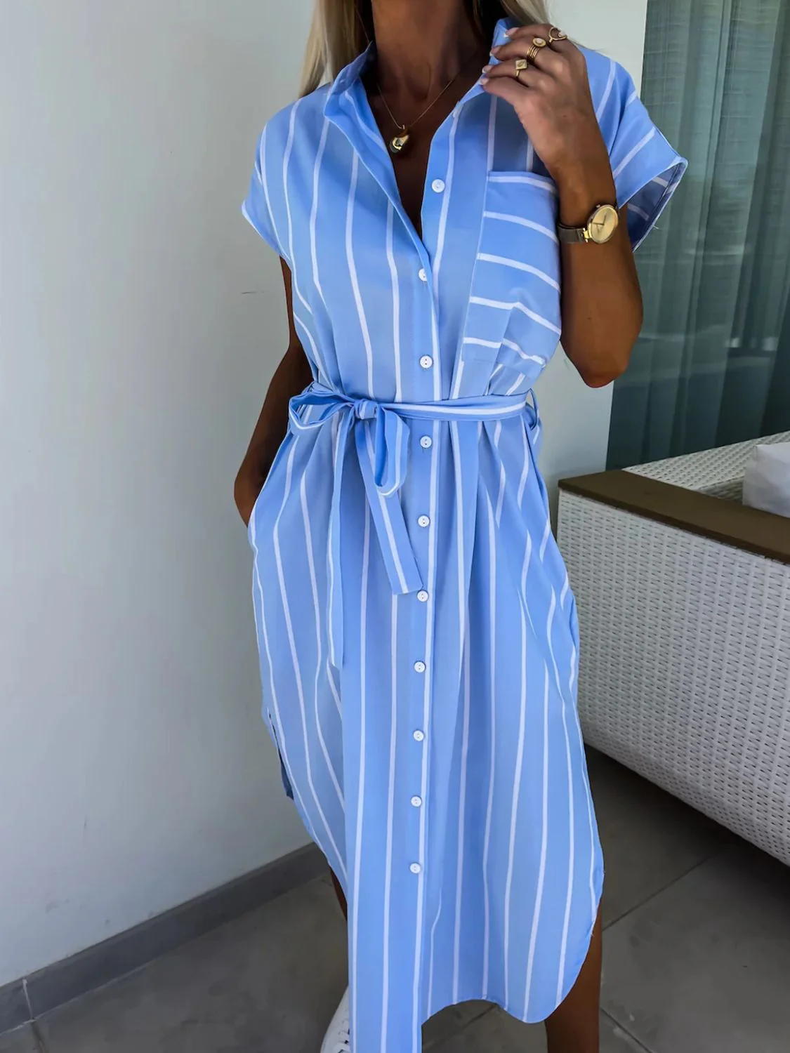 Striped Tie Waist Short Sleeve Dress - Image 7