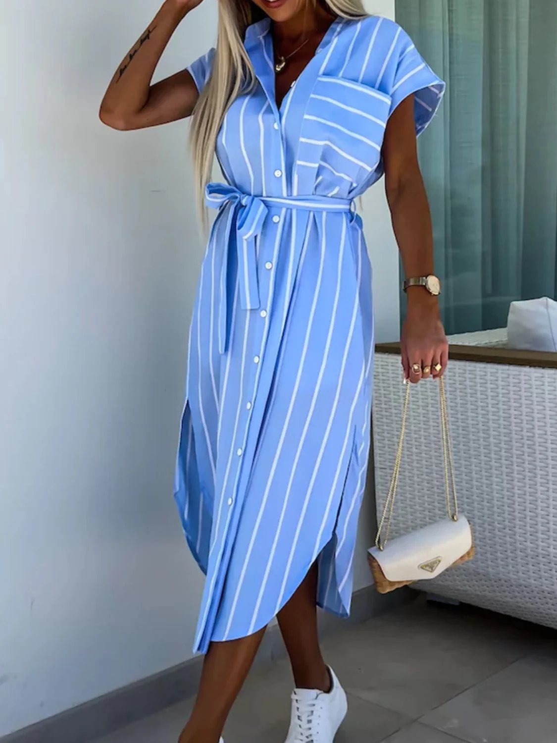 Striped Tie Waist Short Sleeve Dress - Image 8