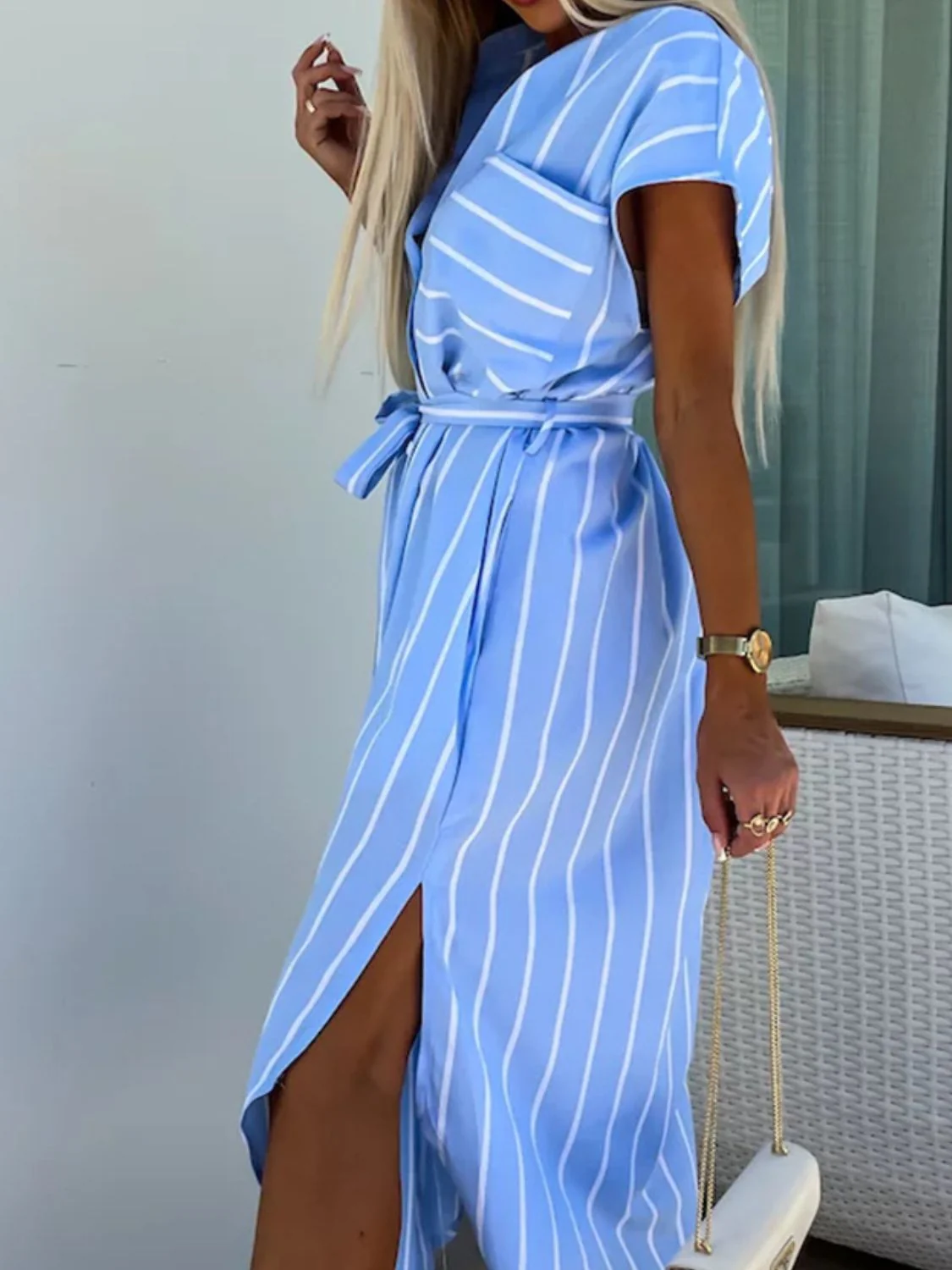 Striped Tie Waist Short Sleeve Dress - Image 9