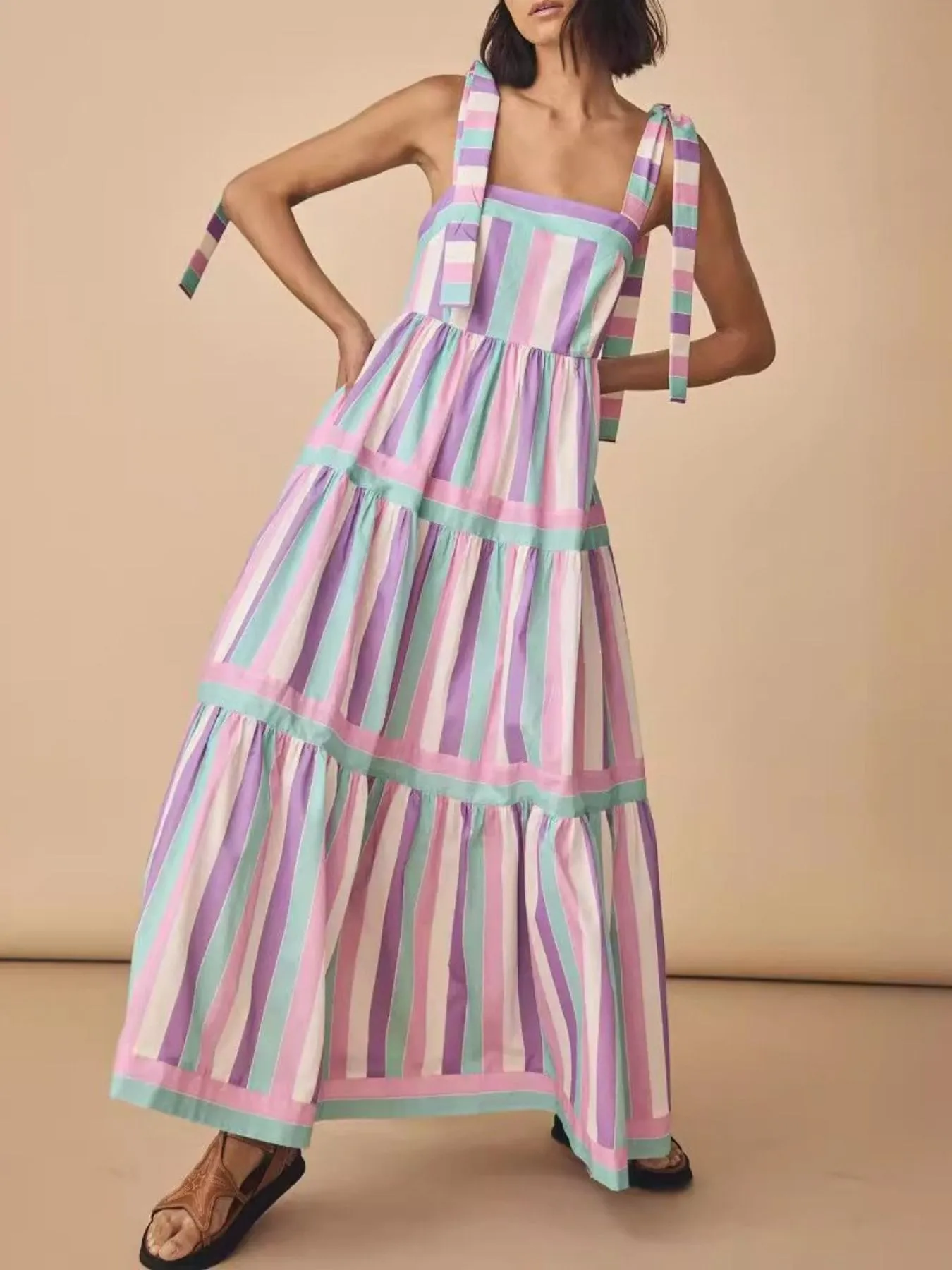 Striped Tiered Maxi Summer Dress with Bow Shoulder Ties - Image 4