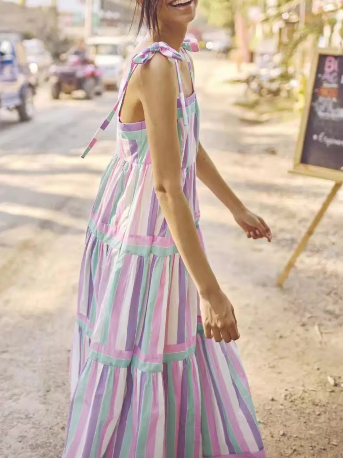 Striped Tiered Maxi Summer Dress with Bow Shoulder Ties - Image 5