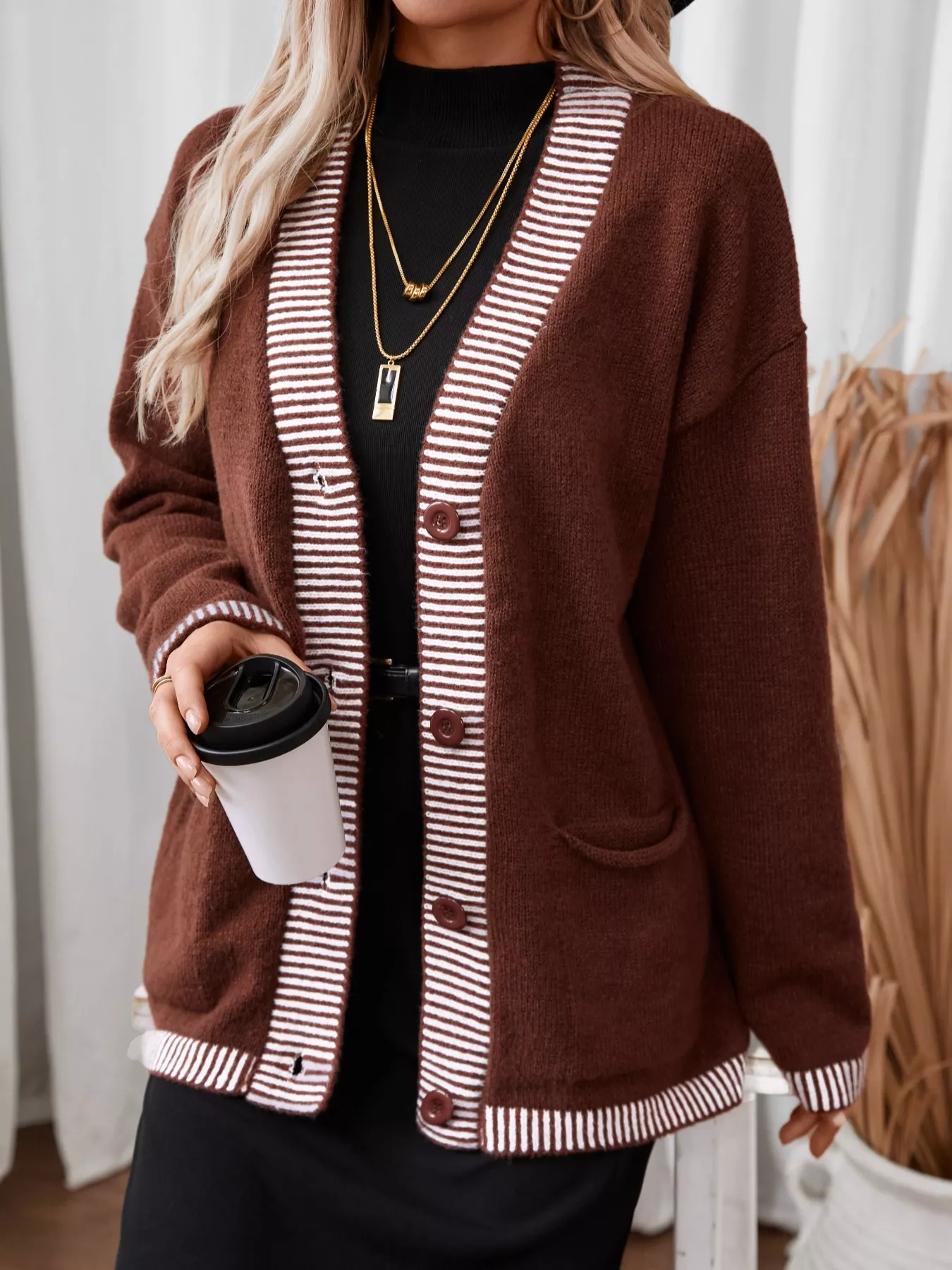 Striped Trim Button Front Pocket Knit Cardigan - Image 6
