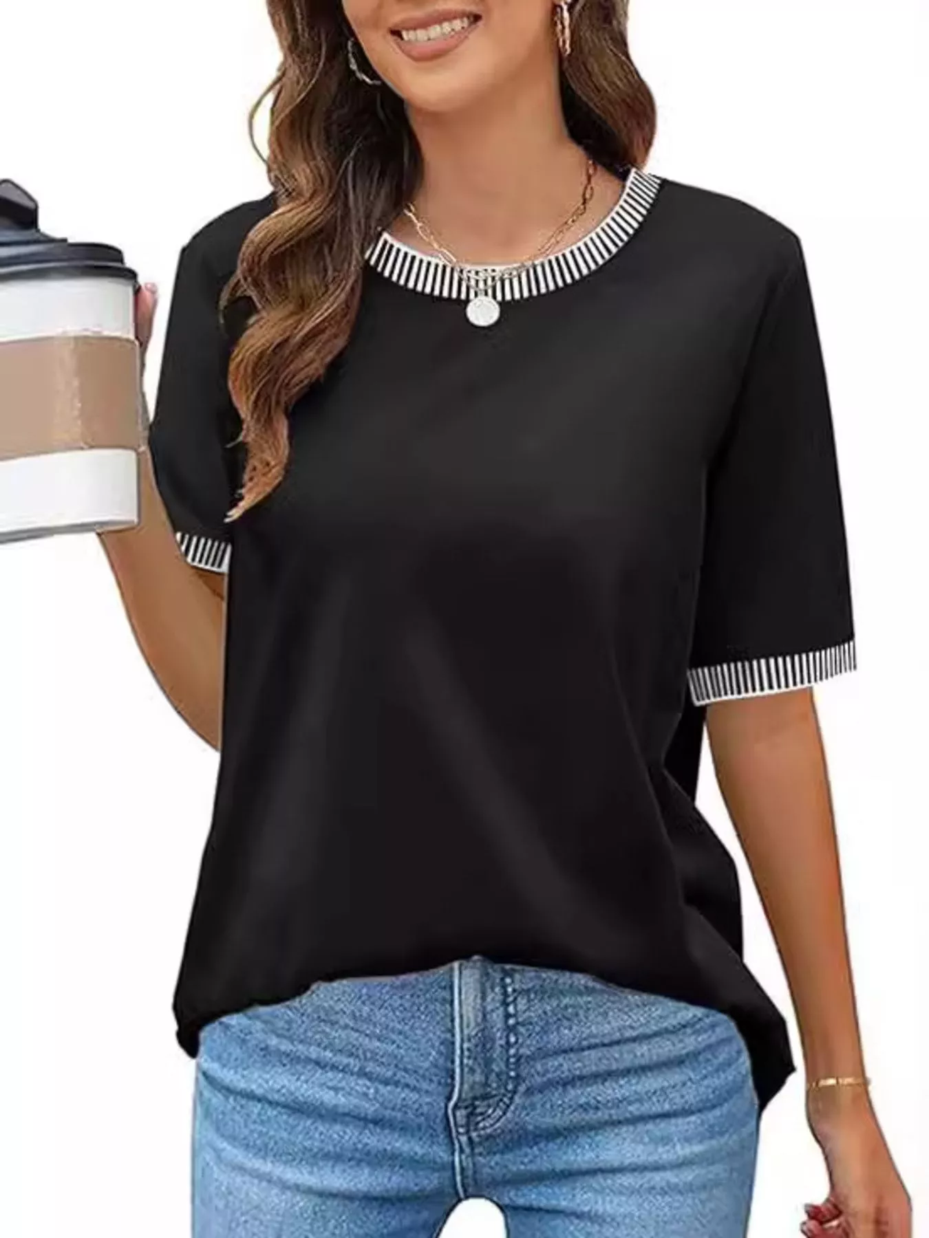 Striped Trim Casual T-Shirt - Image 13