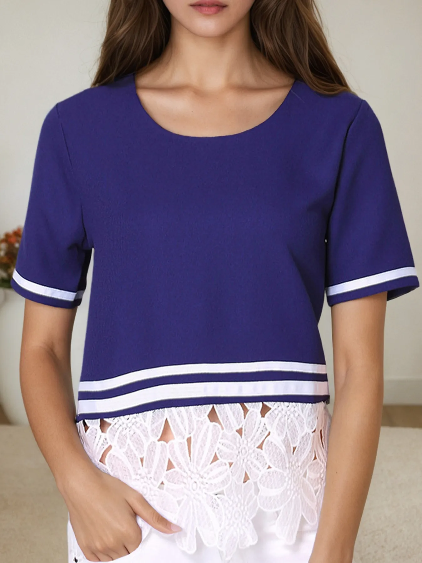 Striped Trim T-Shirt with Lace Hem Detail - Image 5