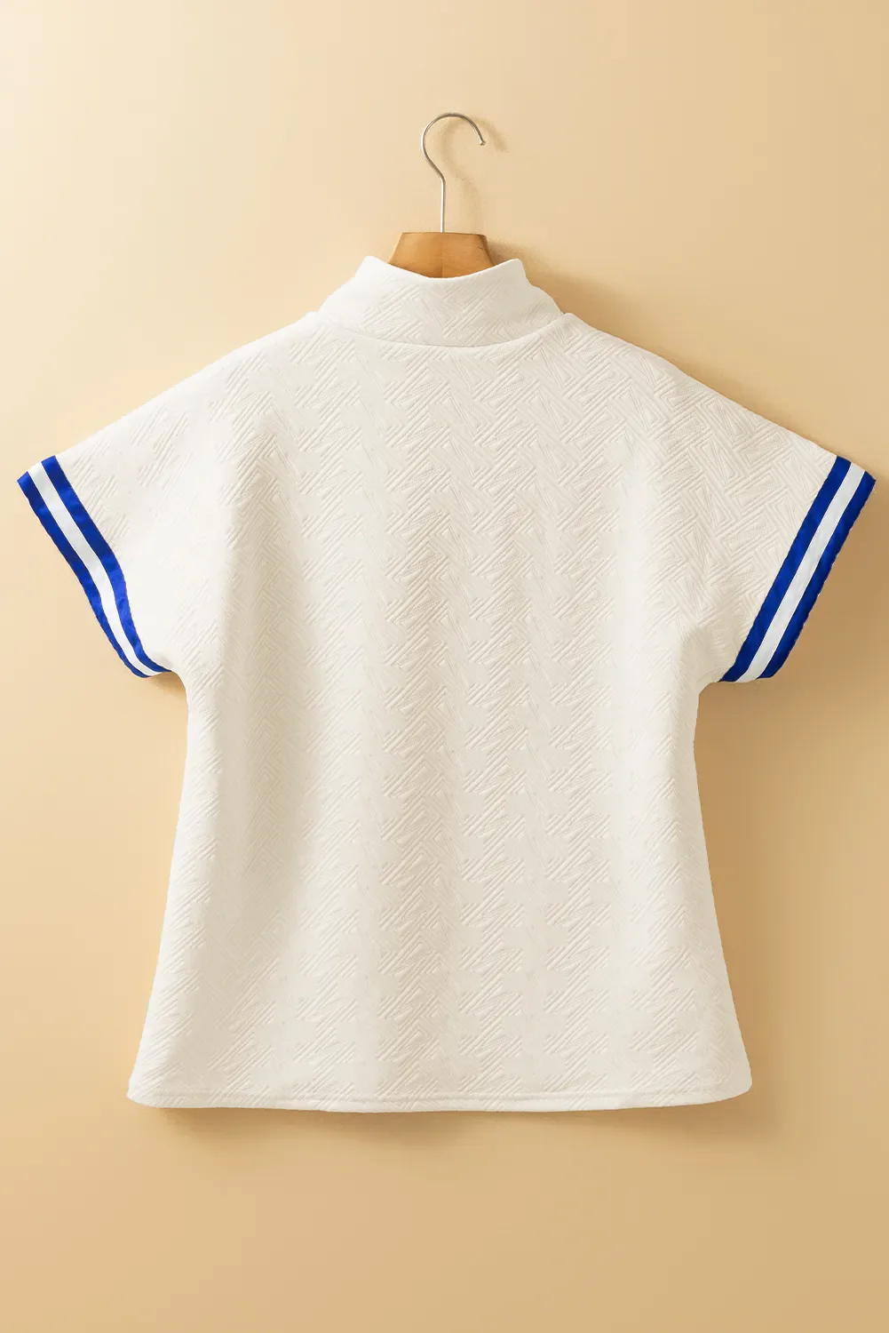 Striped Trim Textured Quarter Zipper Short Sleeve Top - Image 4