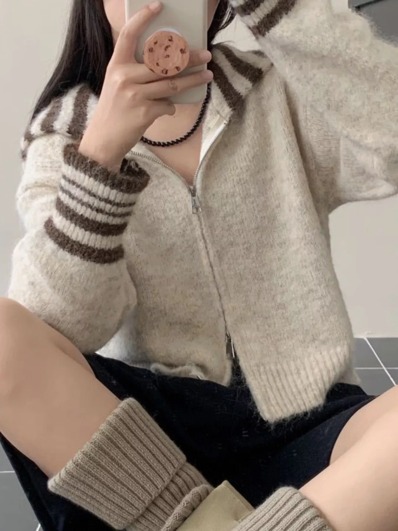 Striped Trim Zip-Up Knit Cardigan - Image 2