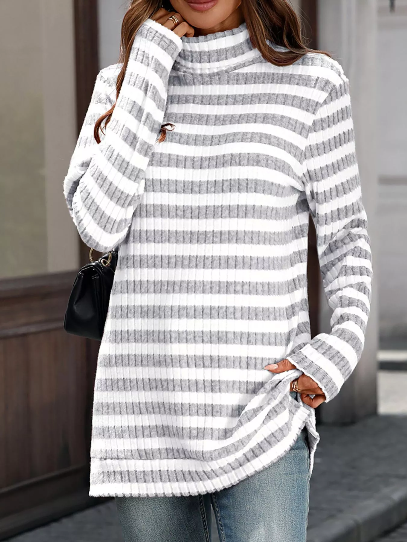 Striped Turtleneck Long Sleeve Knit Top - Image 8