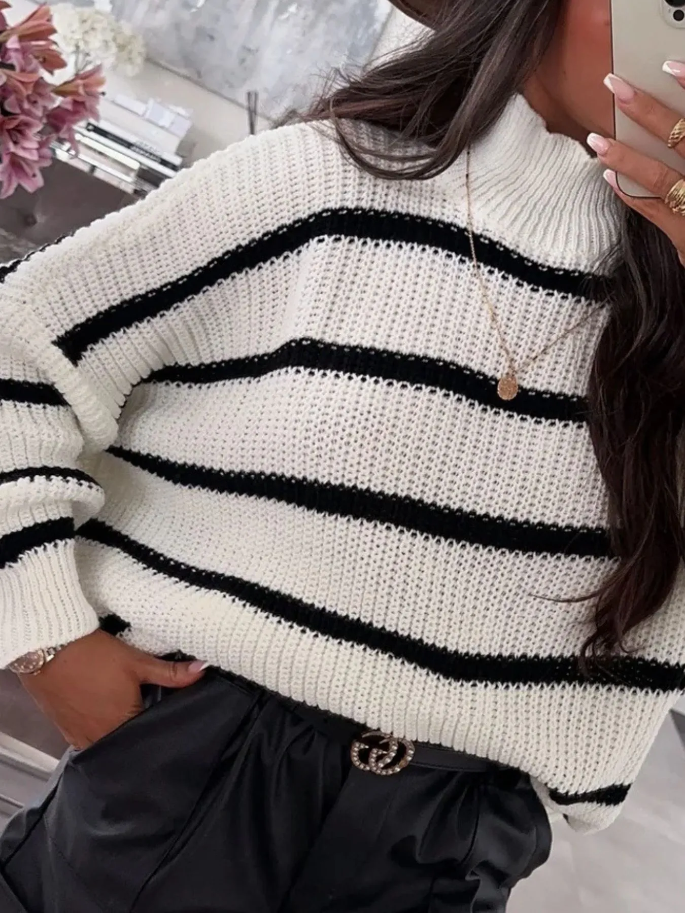 Striped Turtleneck Long Sleeve Sweater - Image 9