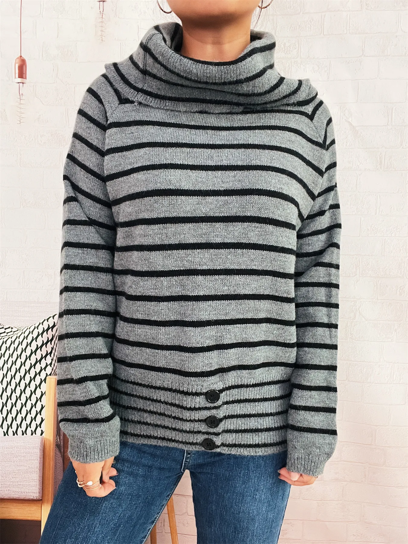 Striped Turtleneck Long Sleeve Sweater - Image 4