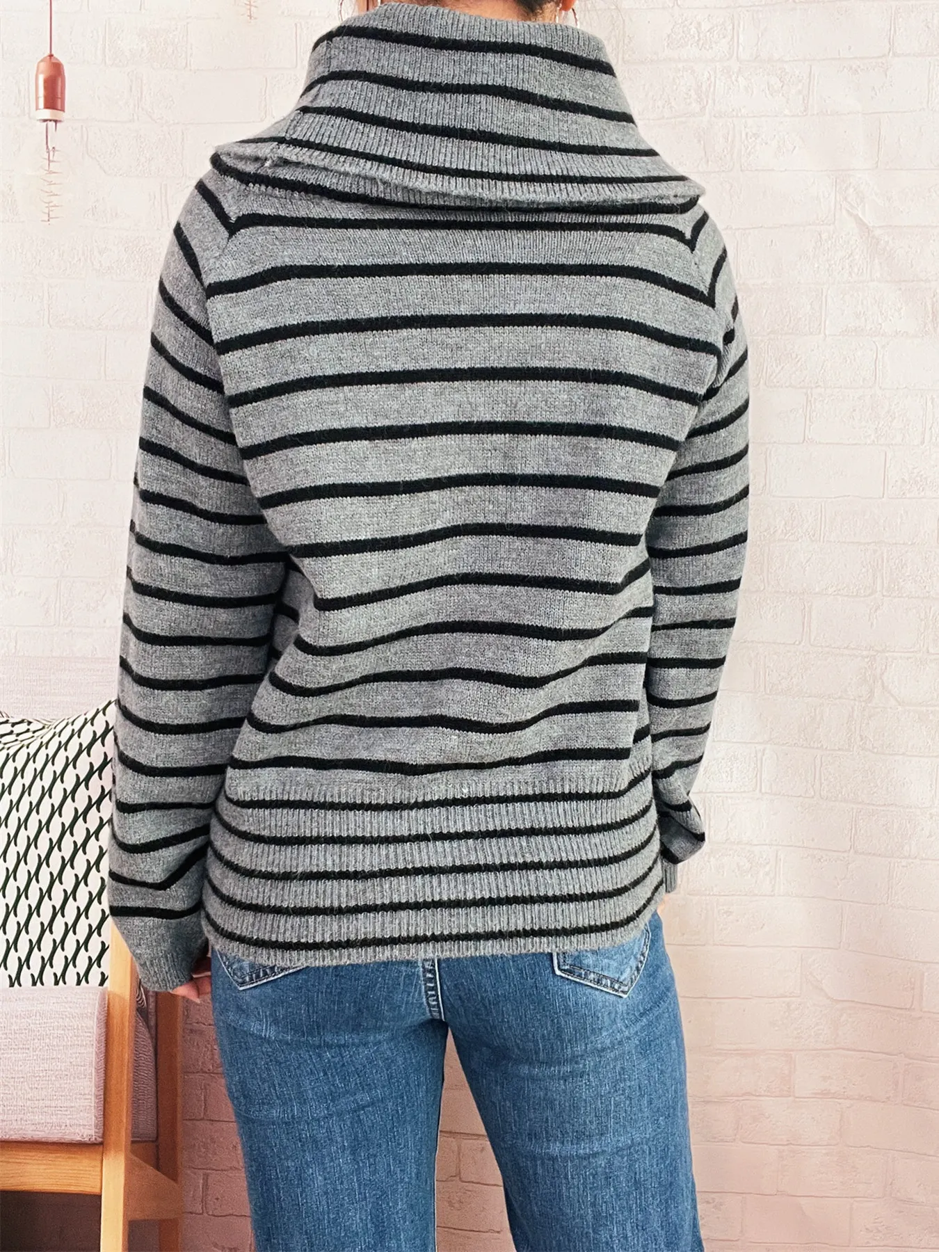 Striped Turtleneck Long Sleeve Sweater - Image 6