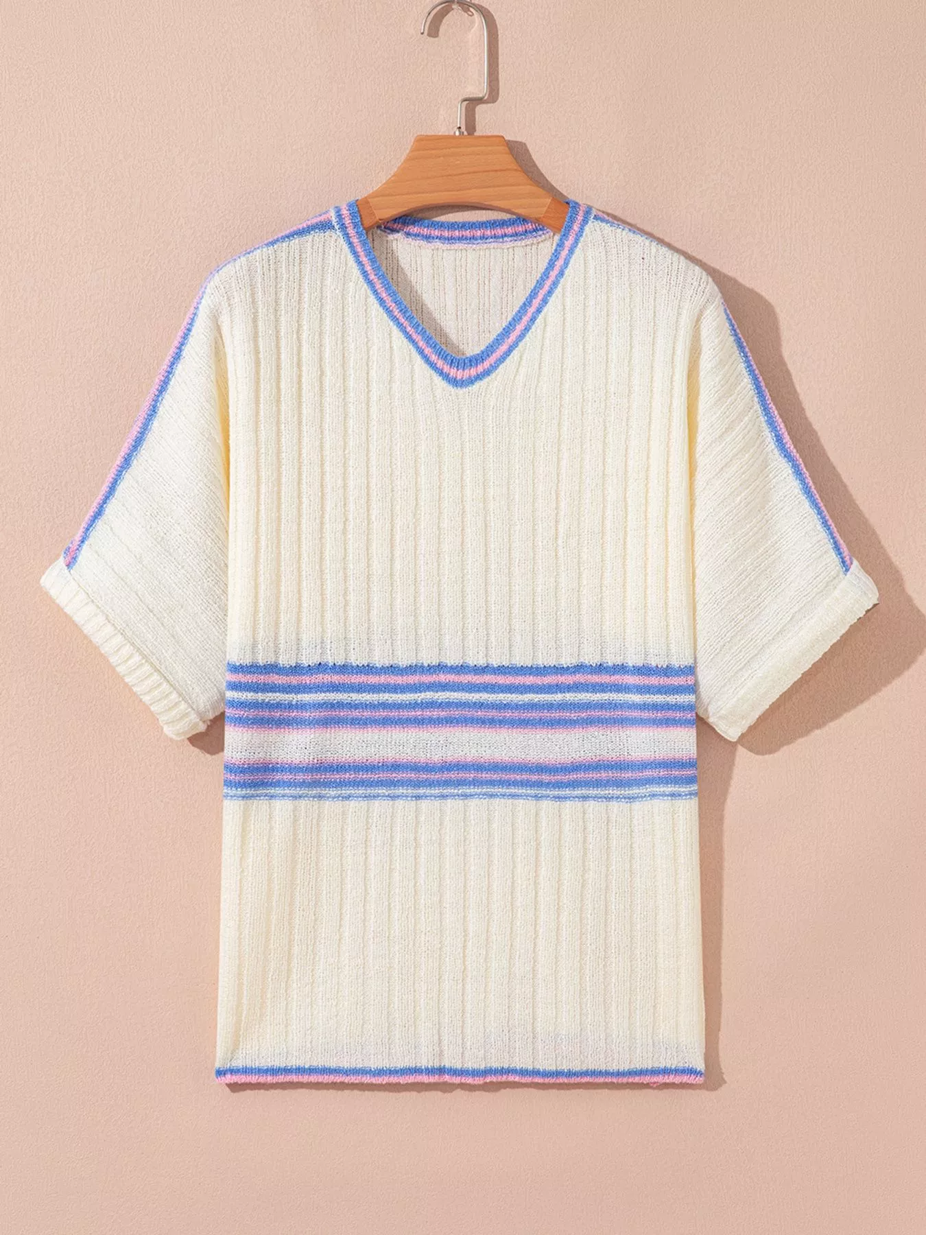 Striped V Neck Dolman Sleeve Rib Knit Oversized Sweater with Slits - Image 5
