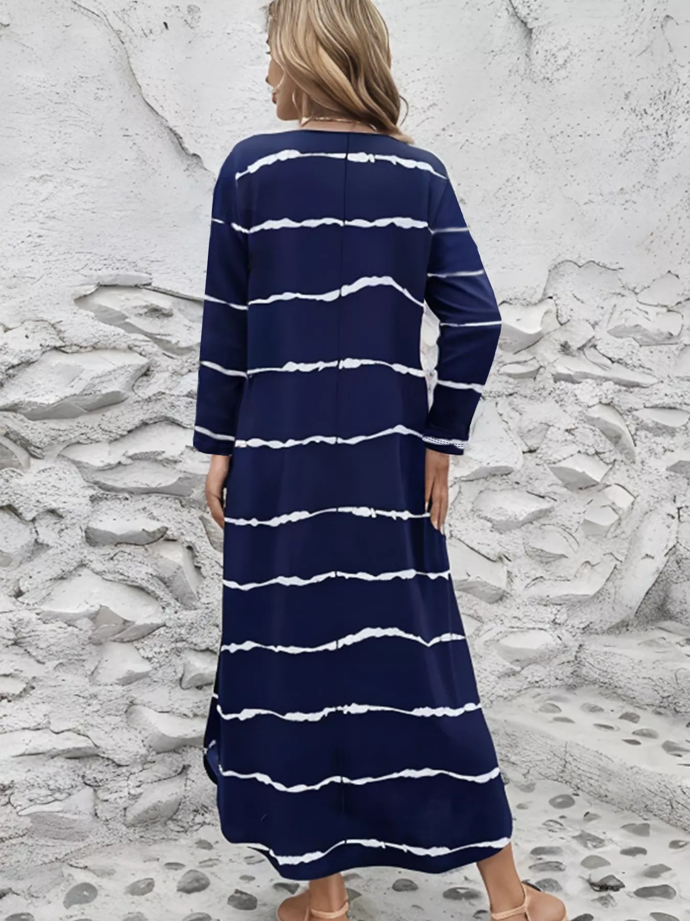 Striped V-Neck Long Sleeve Casual Maxi Dress - Image 2