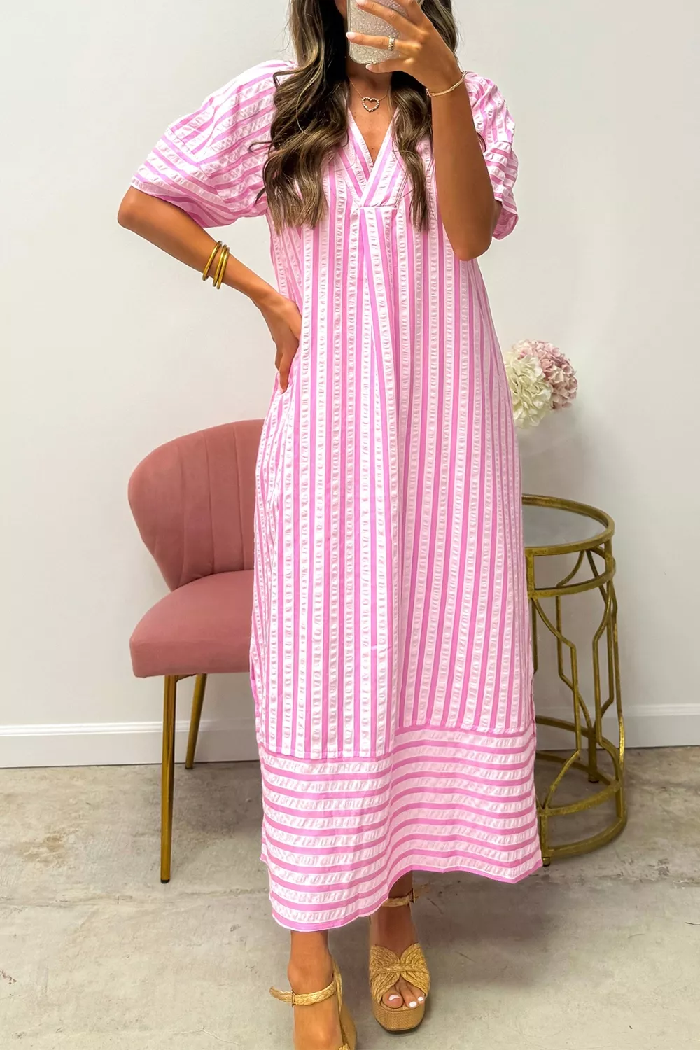 Striped V-Neck Midi Dress - Image 2