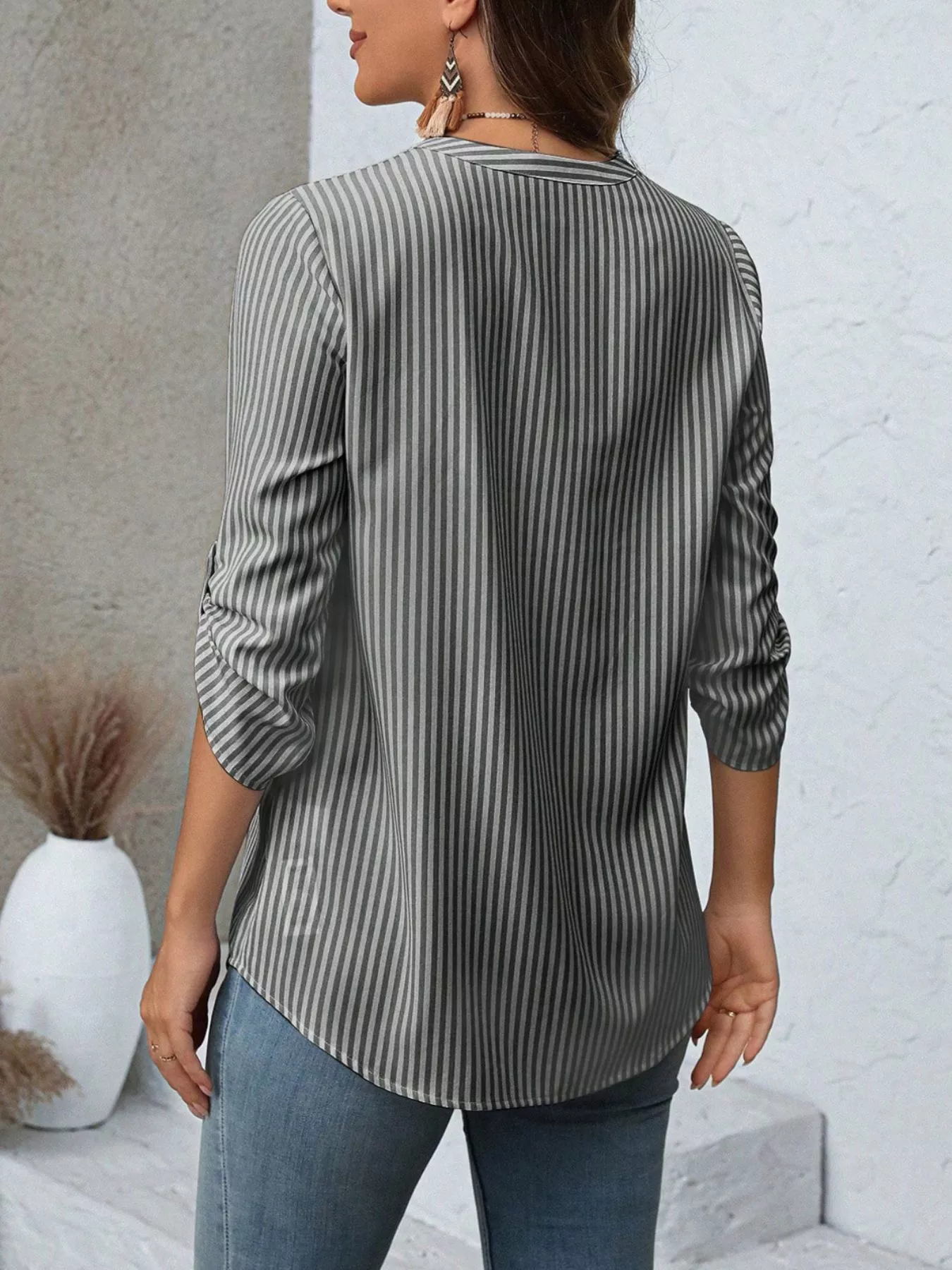 Striped V-Neck Roll-Up Sleeve Blouse - Image 11