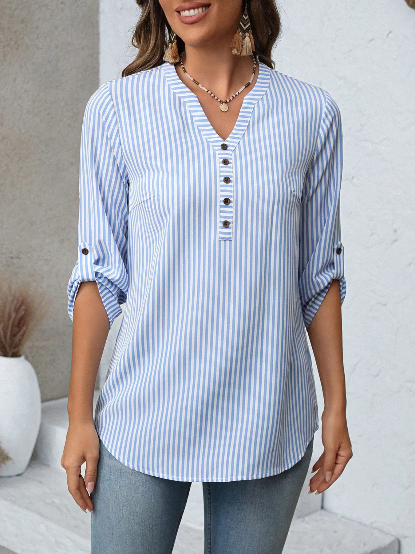 Striped V-Neck Roll-Up Sleeve Blouse - Image 3