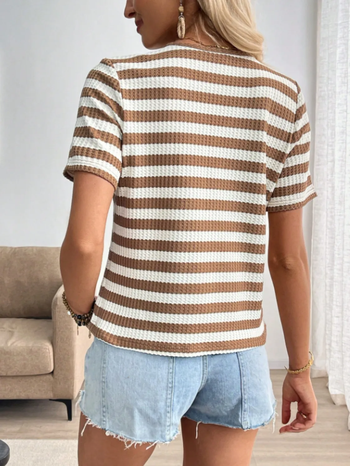 Striped V-Neck Short Sleeve T-Shirt - Image 2