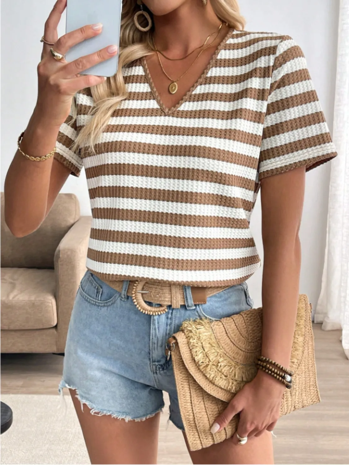Striped V-Neck Short Sleeve T-Shirt - Image 3