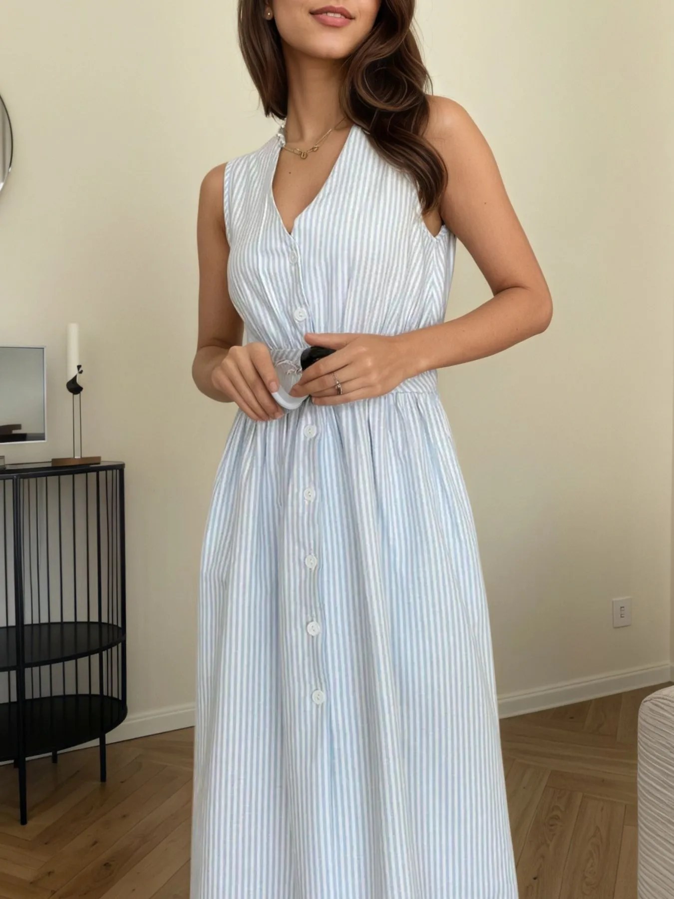 Striped V-Neck Sleeveless Midi Dress - Image 4