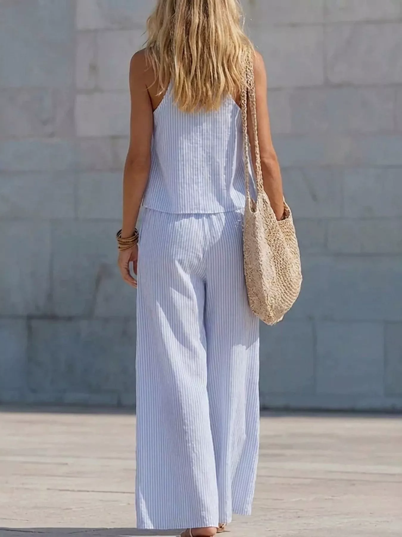 Striped V-Neck Tank and Wide-Leg Pants Set - Image 2