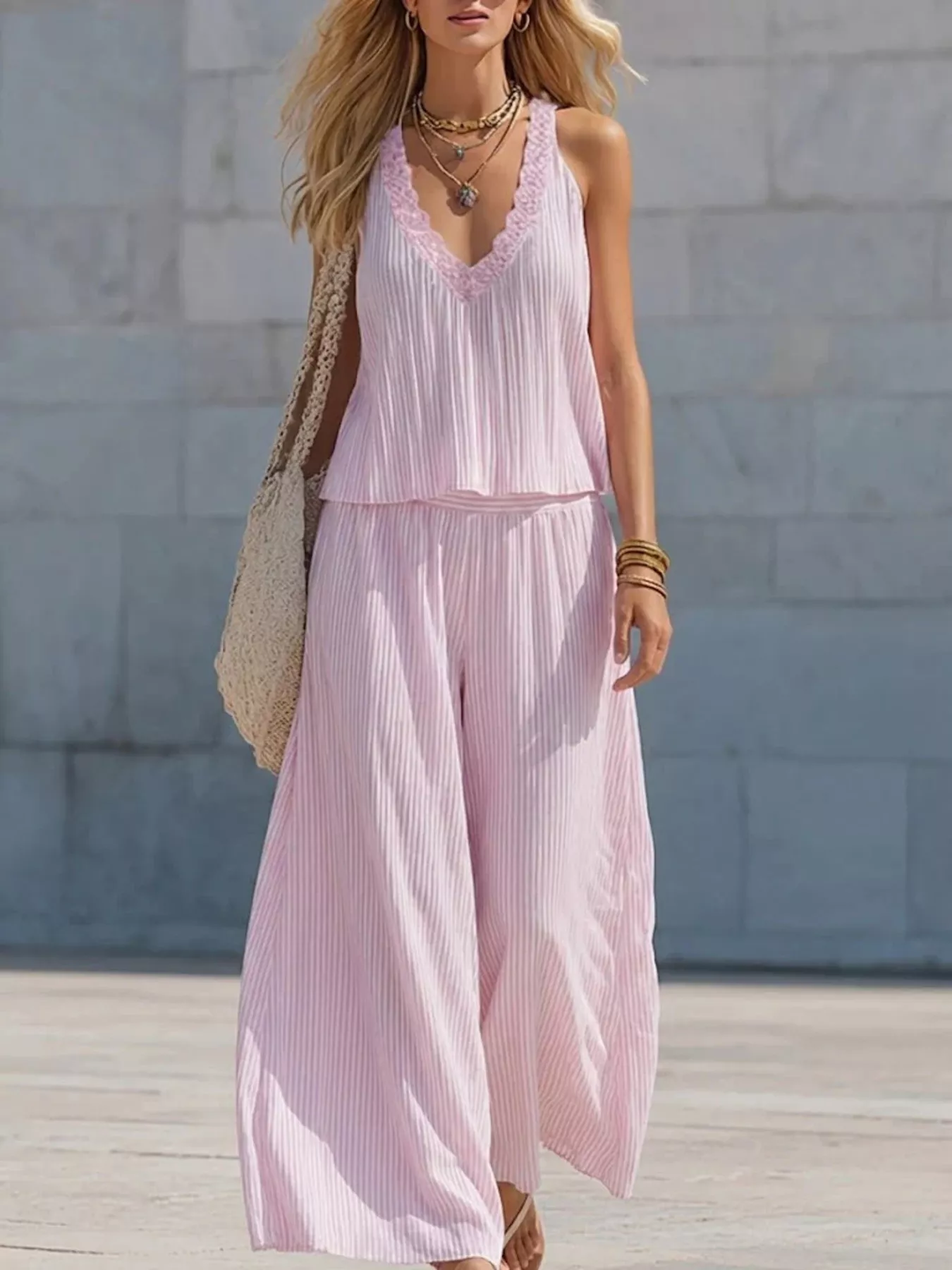 Striped V-Neck Tank and Wide-Leg Pants Set - Image 3
