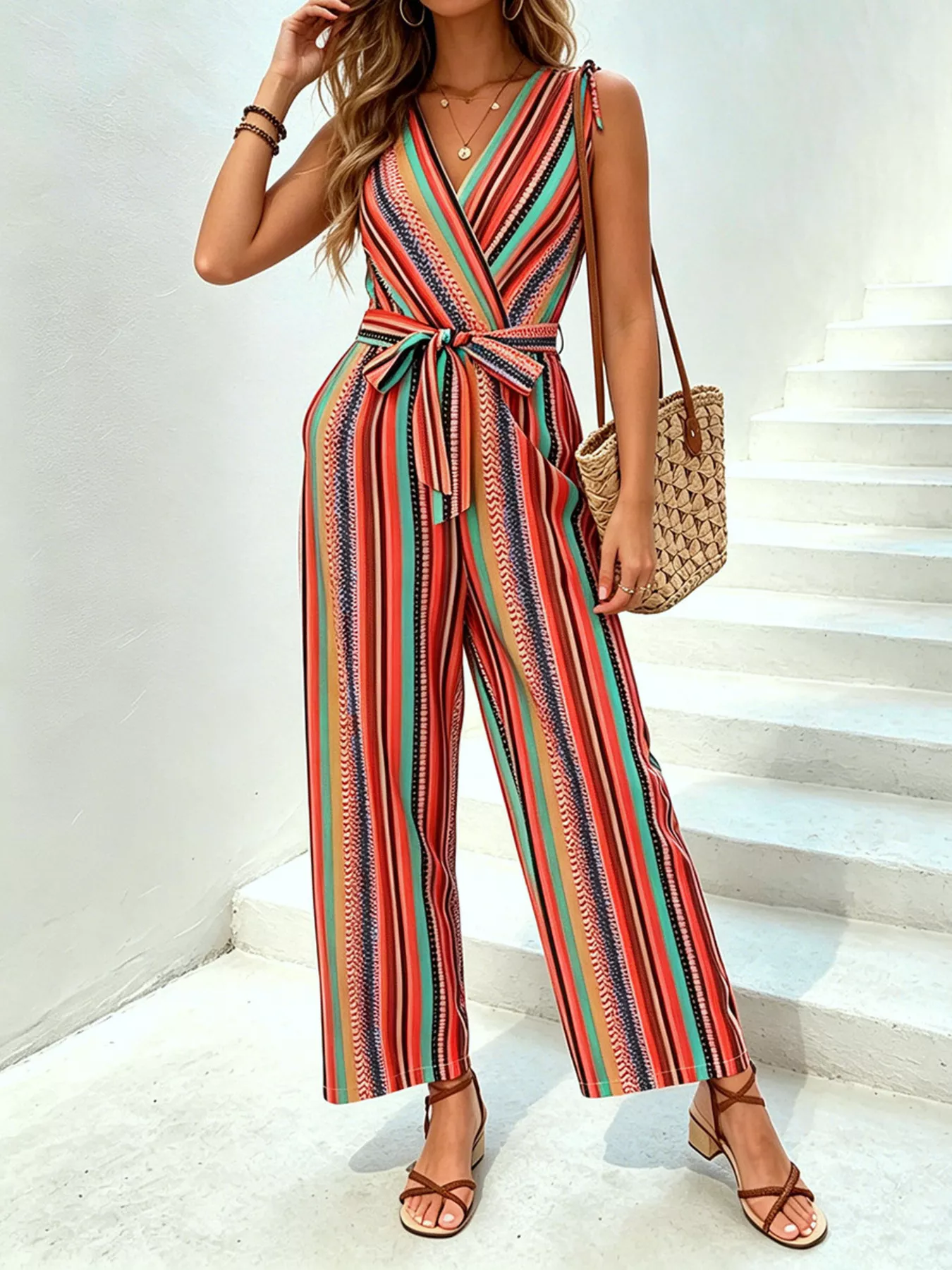 Striped Wide-Leg Jumpsuit with Tie Waist - Image 3